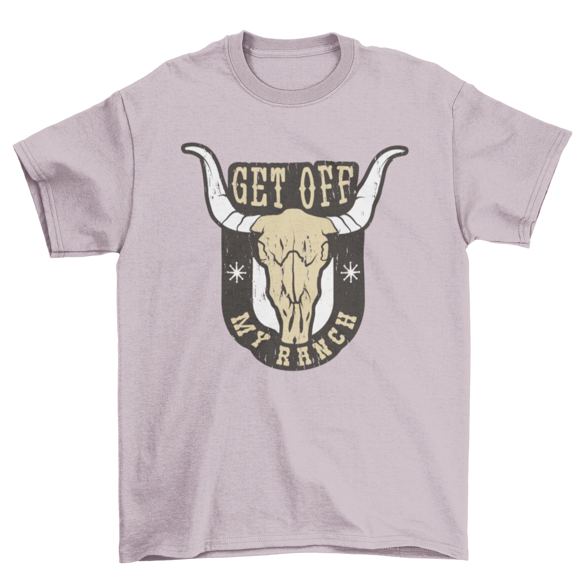 Vintage style t-shirt featuring a cow skull and the quote 'Get off my ranch', perfect for casual wear.
