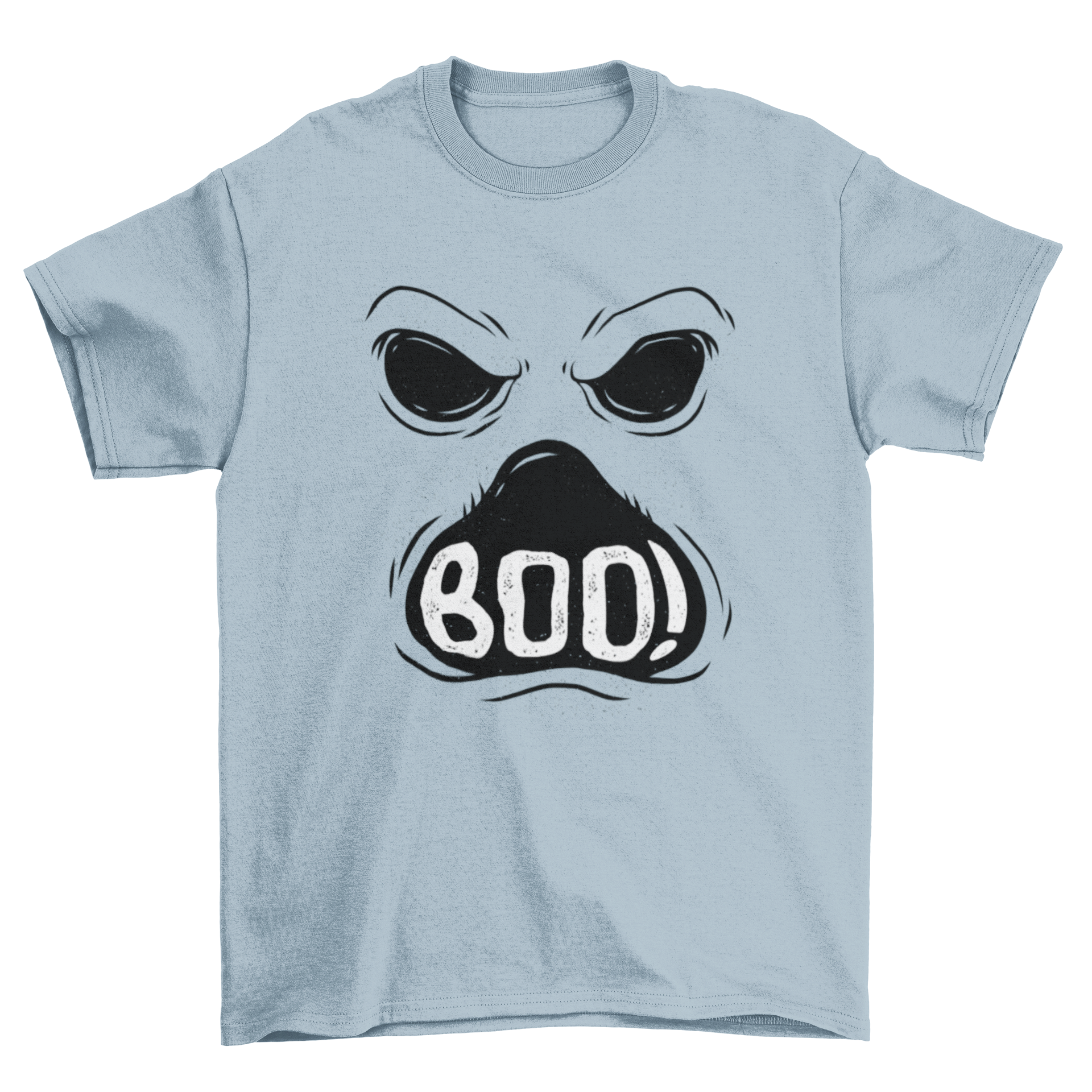 Ghost Boo t-shirt design featuring a spooky ghost face with angry eyes and an open mouth saying 'Boo!'