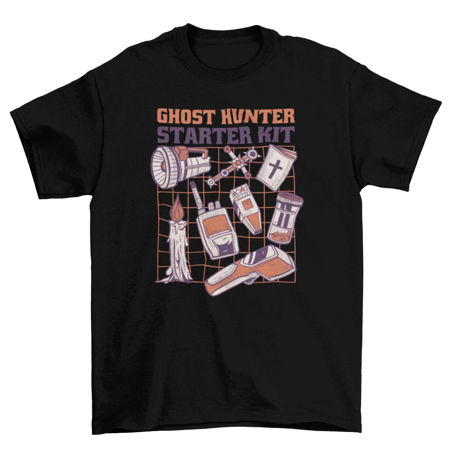 A stylish t-shirt featuring ghost hunter equipment in a striking duotone design, perfect for paranormal enthusiasts.