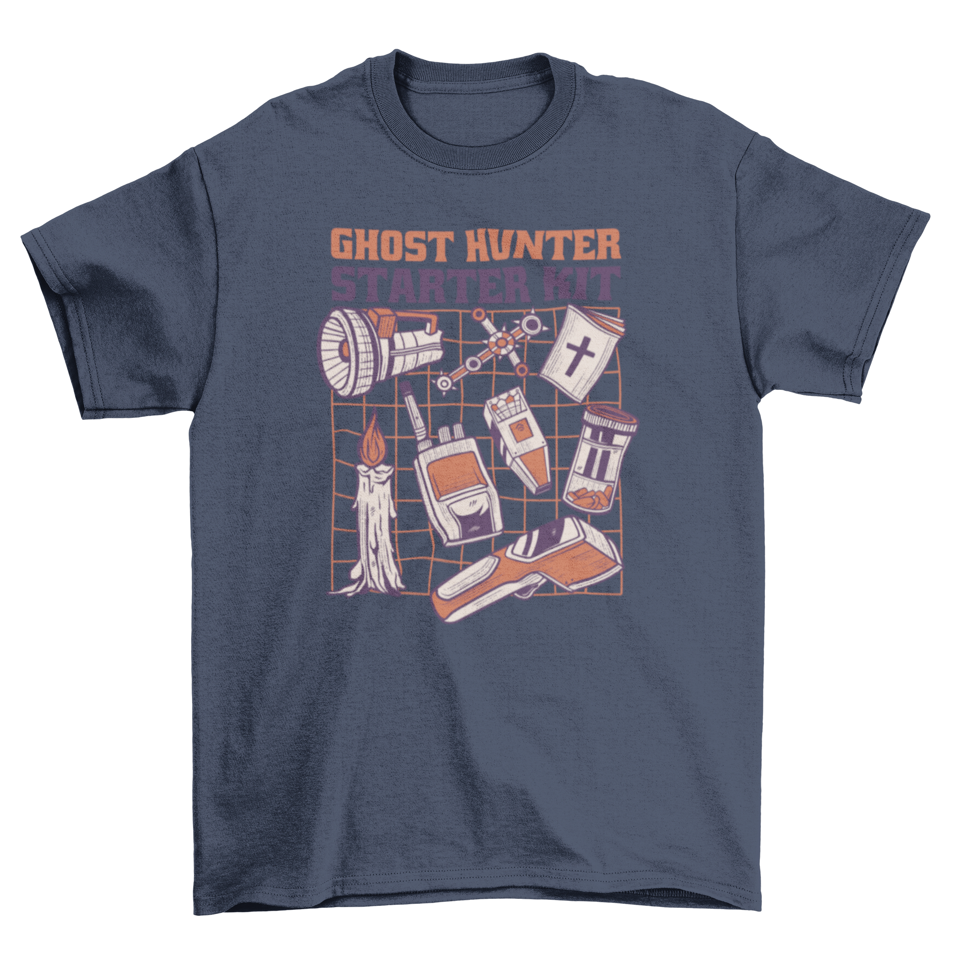 A stylish t-shirt featuring ghost hunter equipment in a striking duotone design, perfect for paranormal enthusiasts.