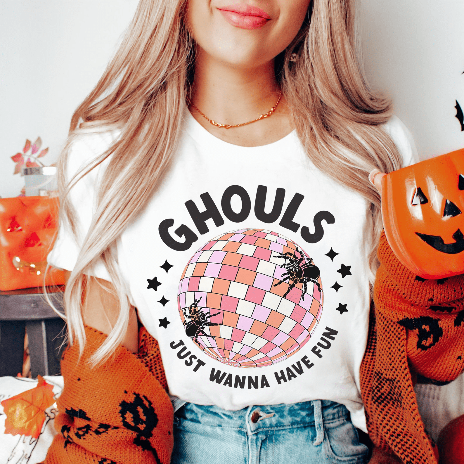 Ghouls Just Wanna Have Fun Retro Tee featuring vibrant Halloween-themed design on soft cotton fabric.