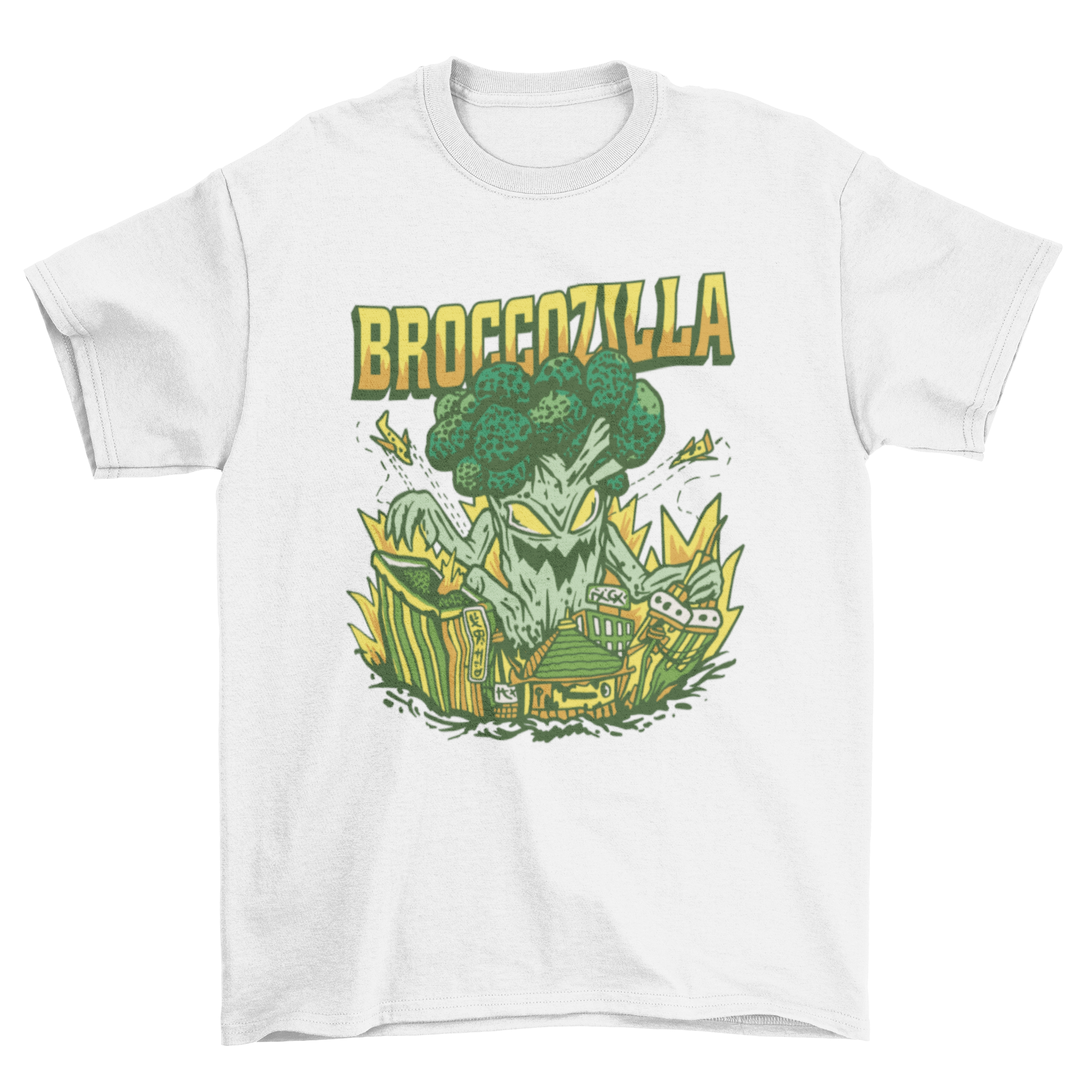A vibrant t-shirt design featuring a cartoon broccoli monster named Broccozilla attacking a city skyline.