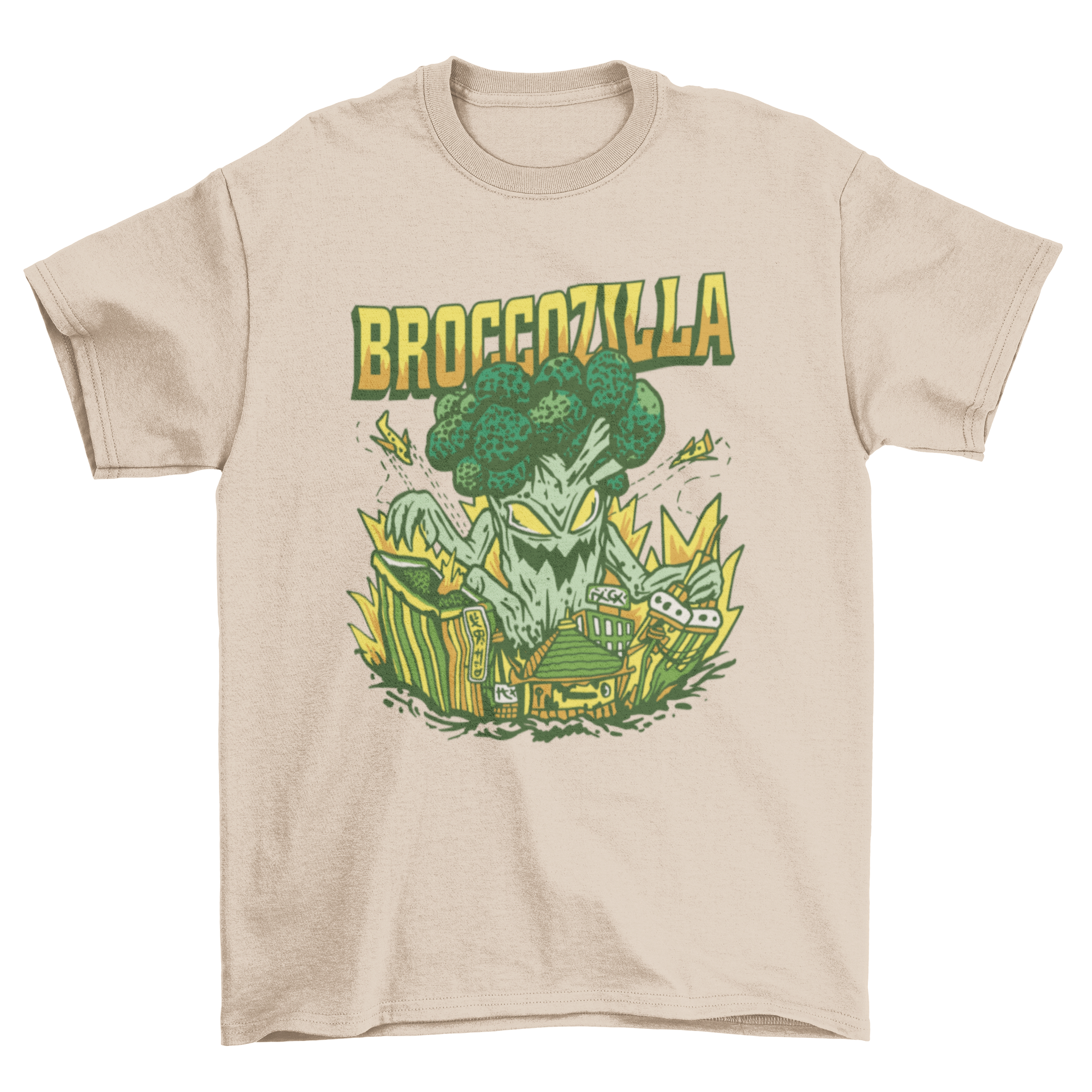 A vibrant t-shirt design featuring a cartoon broccoli monster named Broccozilla attacking a city skyline.