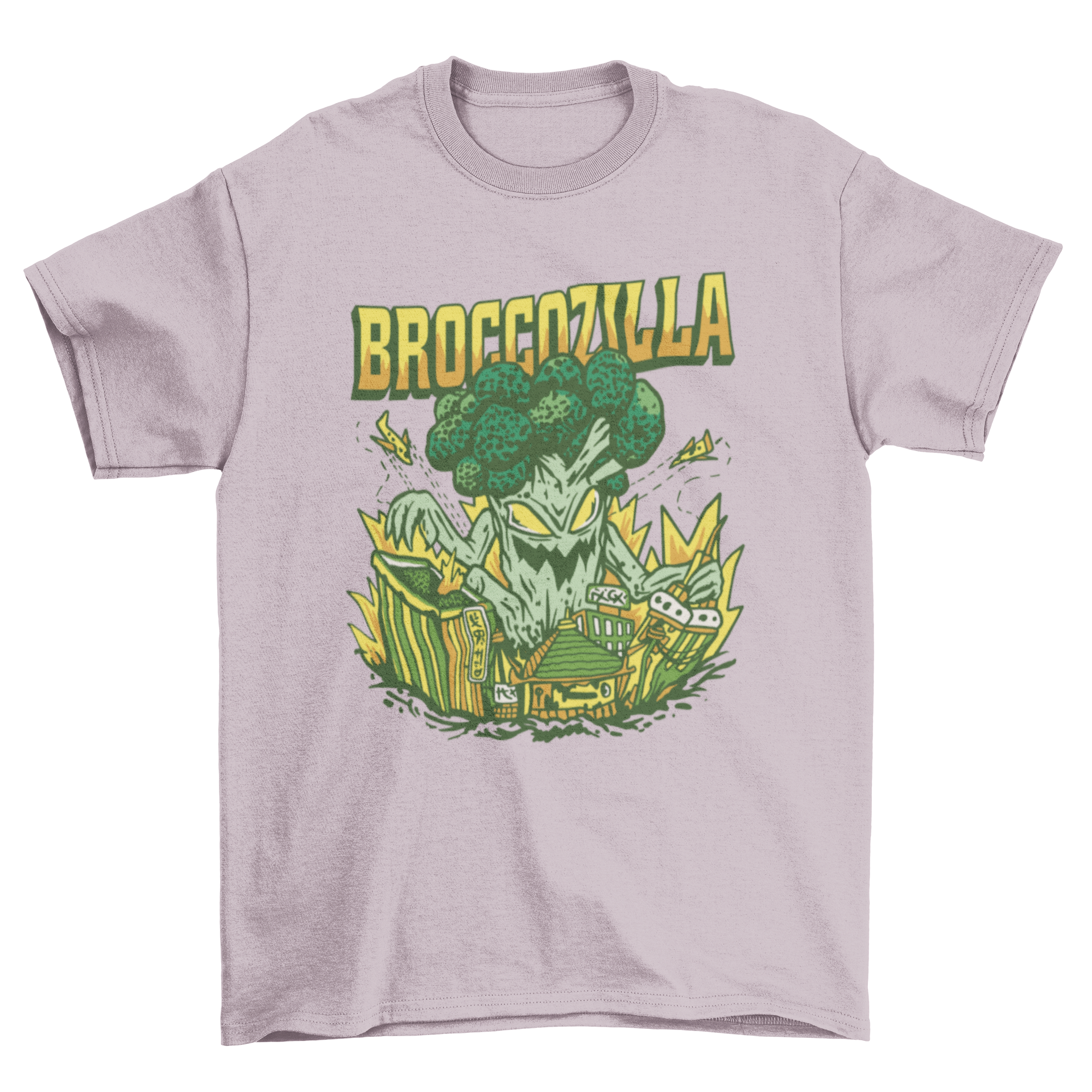 A vibrant t-shirt design featuring a cartoon broccoli monster named Broccozilla attacking a city skyline.