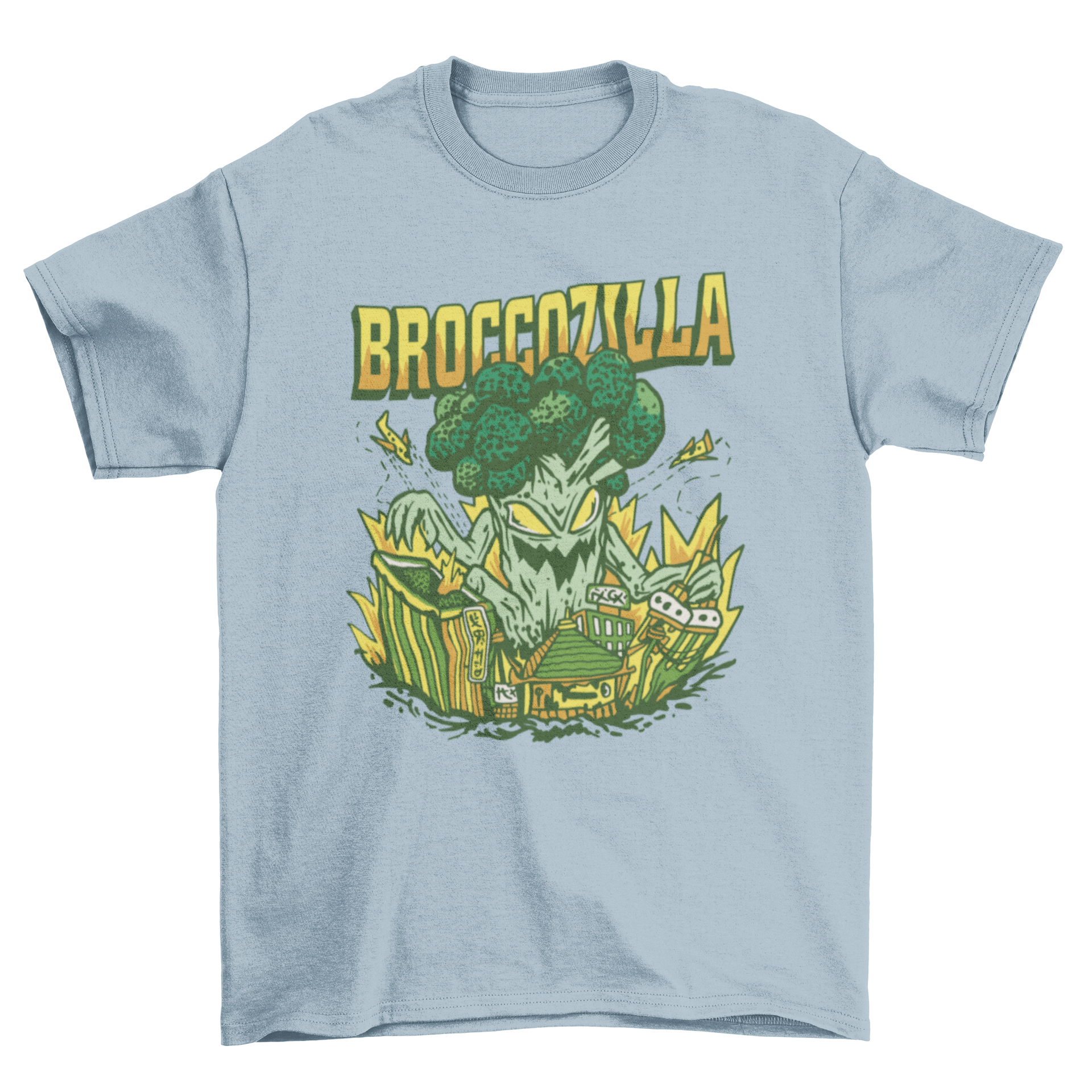 A vibrant t-shirt design featuring a cartoon broccoli monster named Broccozilla attacking a city skyline.