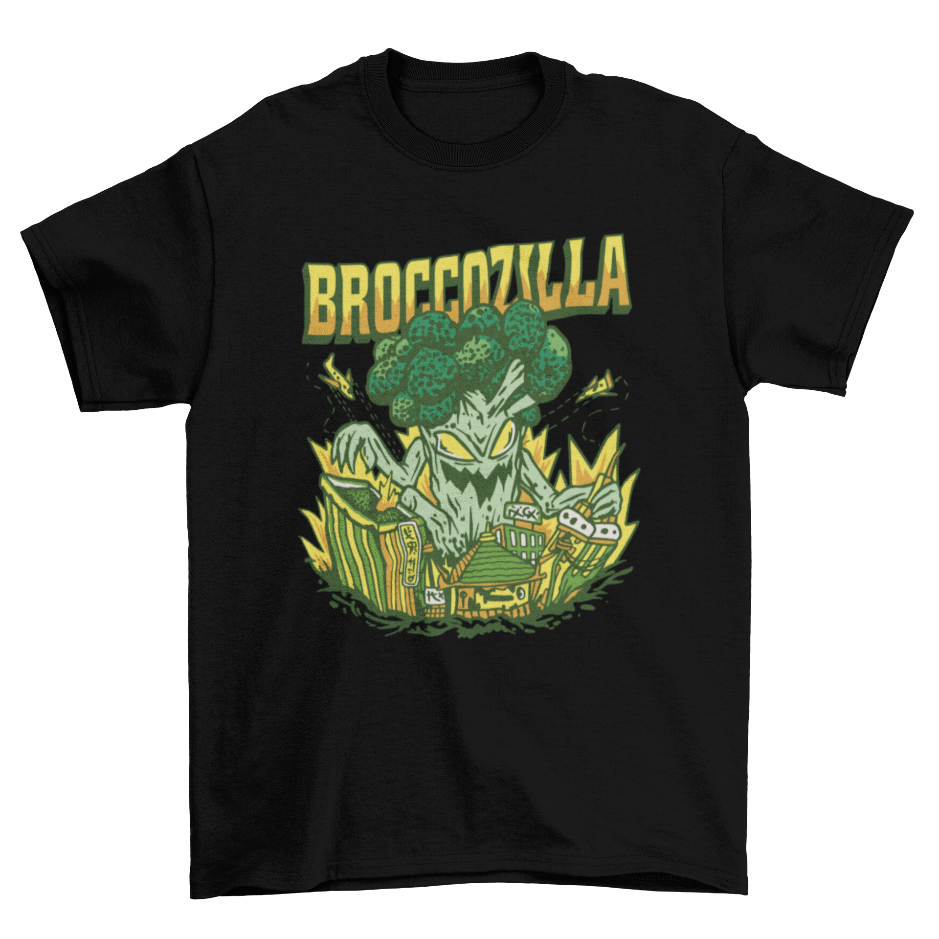A vibrant t-shirt design featuring a cartoon broccoli monster named Broccozilla attacking a city skyline.