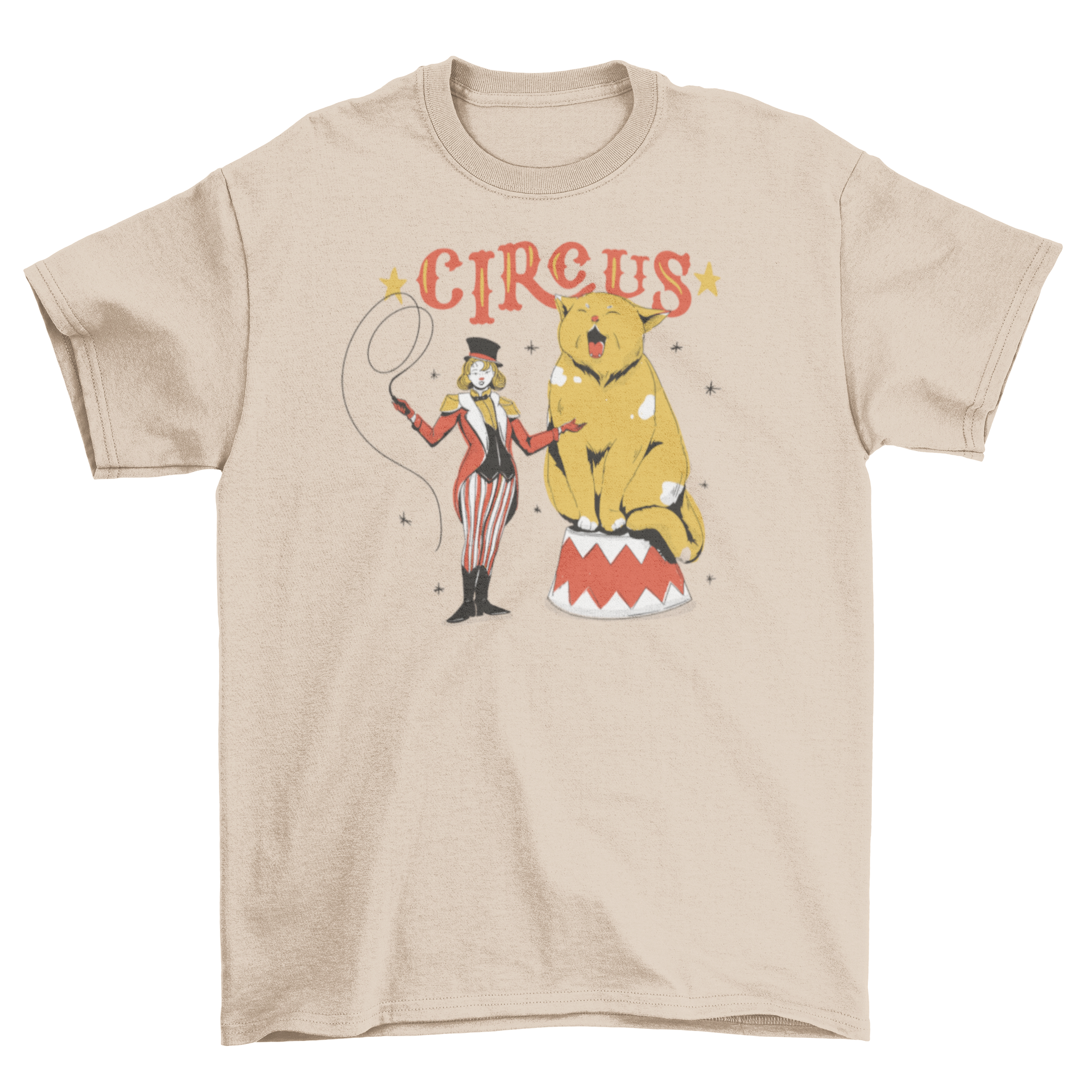 A vibrant t-shirt featuring a giant cat and a cat tamer, showcasing a playful circus theme.