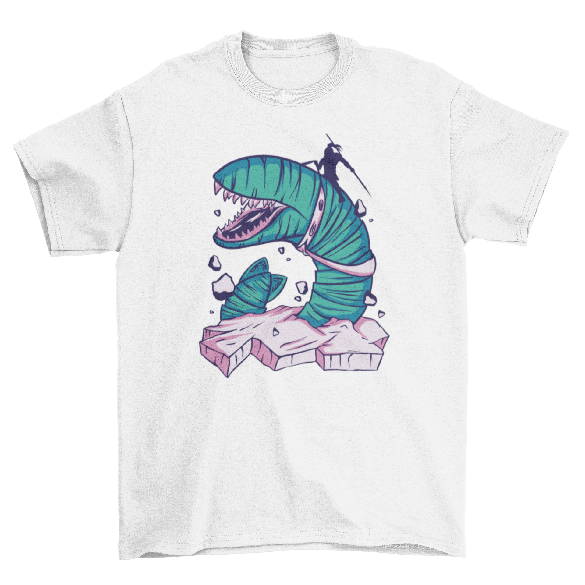 A stylish t-shirt featuring a silhouetted person riding a giant sandworm, showcasing a unique and adventurous design.