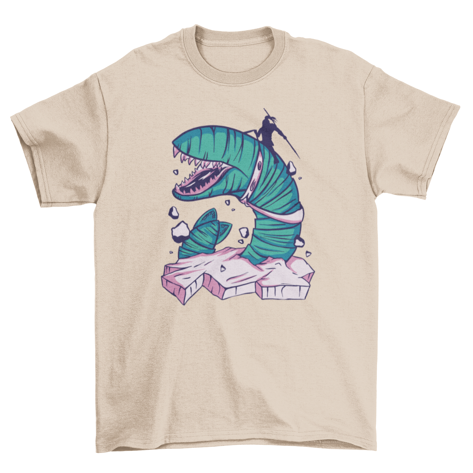A stylish t-shirt featuring a silhouetted person riding a giant sandworm, showcasing a unique and adventurous design.