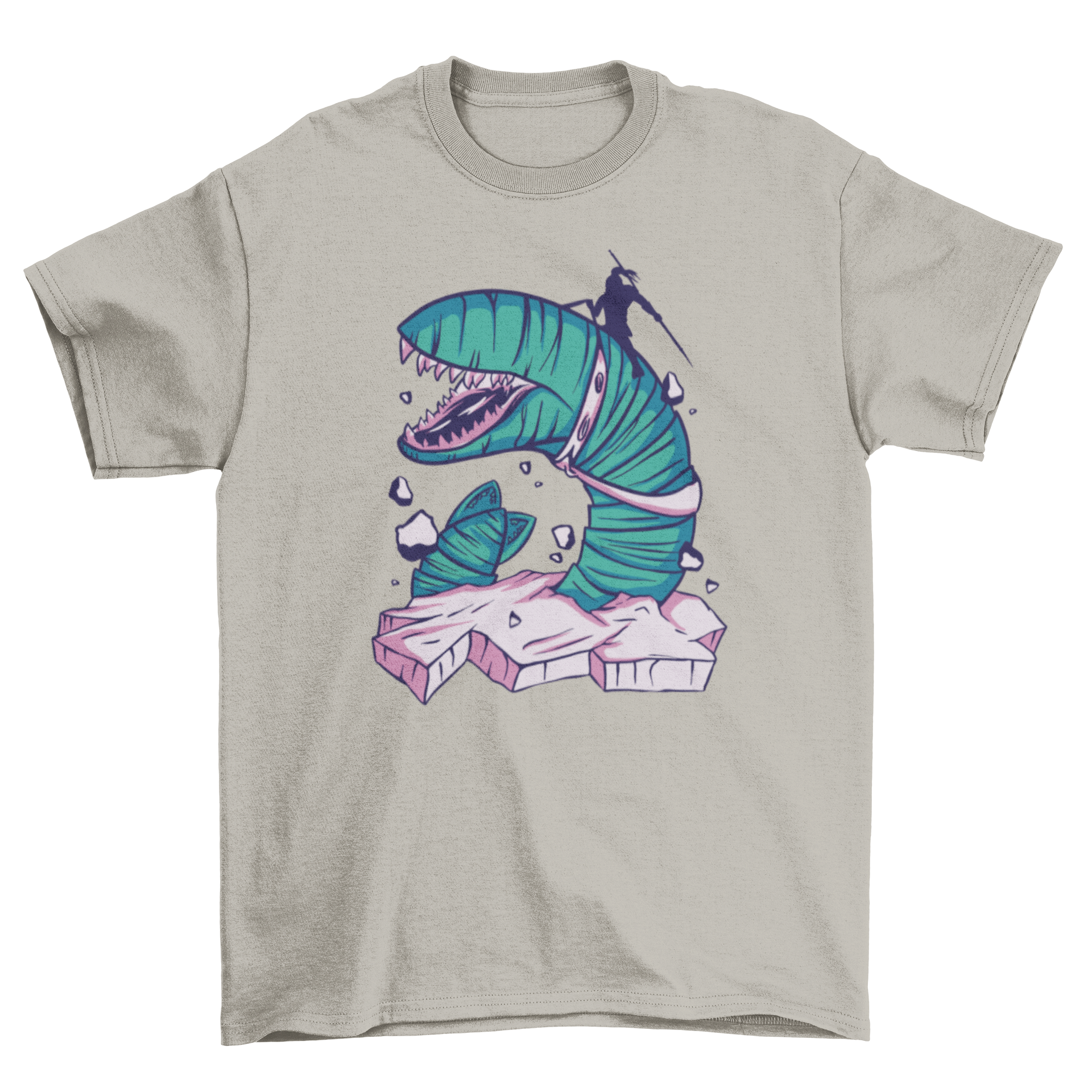 A stylish t-shirt featuring a silhouetted person riding a giant sandworm, showcasing a unique and adventurous design.