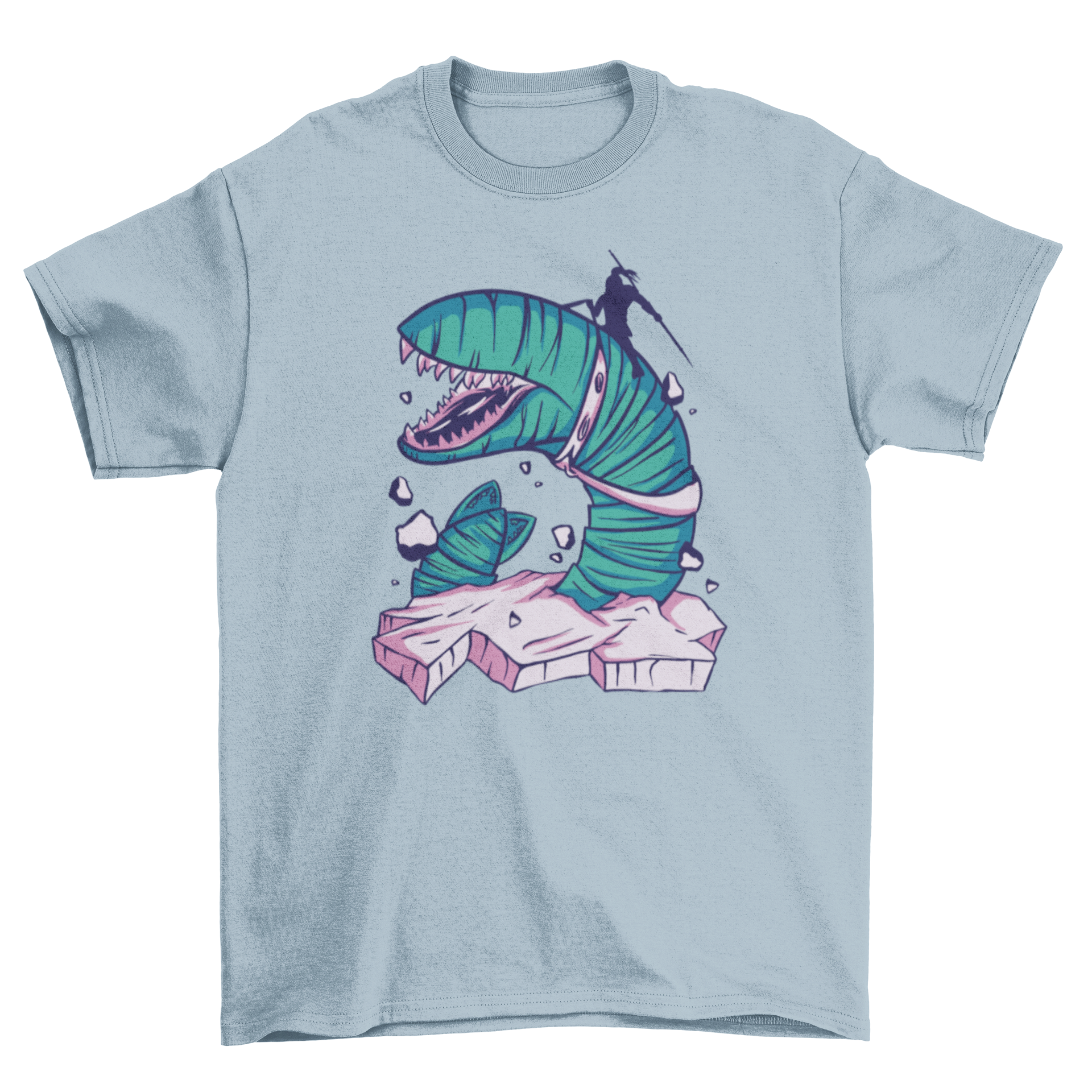 A stylish t-shirt featuring a silhouetted person riding a giant sandworm, showcasing a unique and adventurous design.