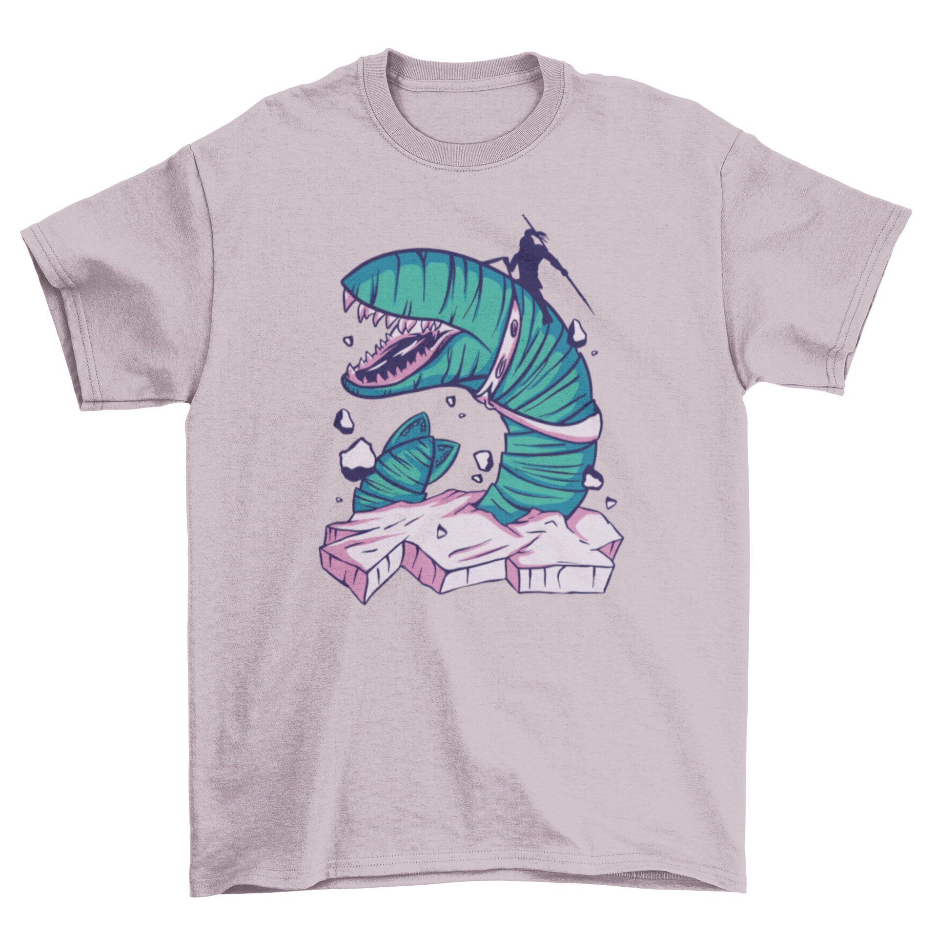 A stylish t-shirt featuring a silhouetted person riding a giant sandworm, showcasing a unique and adventurous design.
