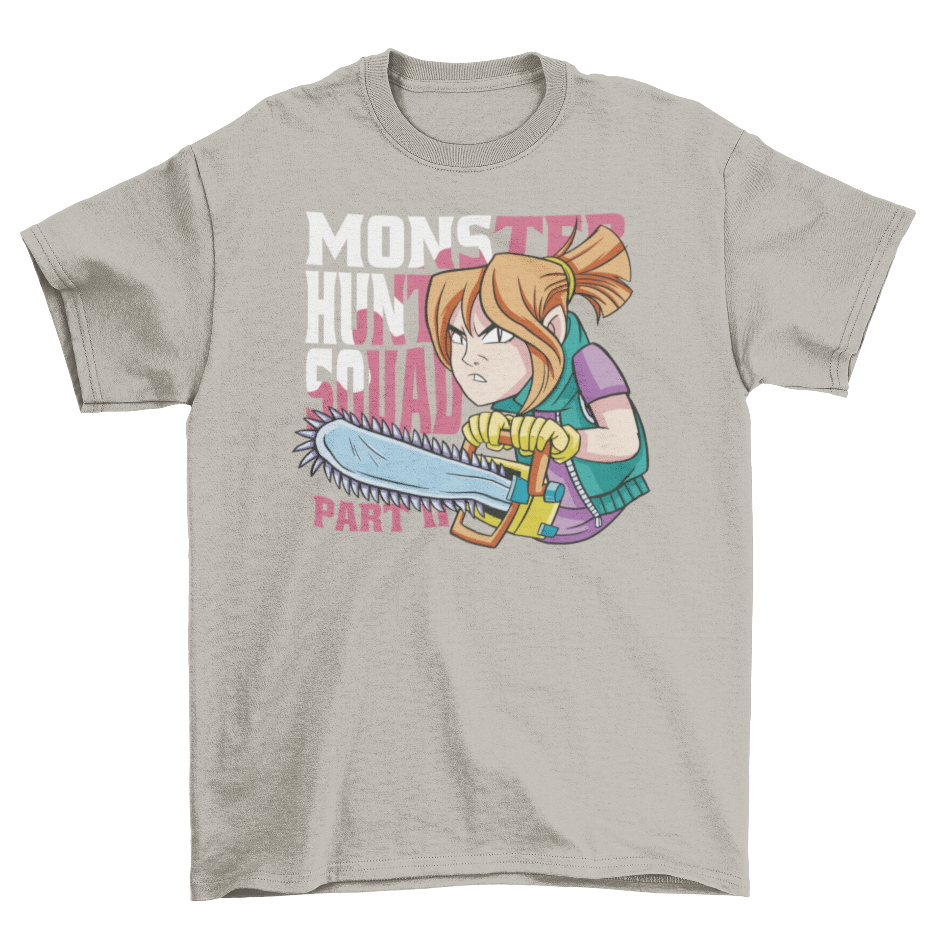 A vibrant cartoon-style t-shirt featuring a girl with a chainsaw and the quote 'Monster Hunt Squad.'