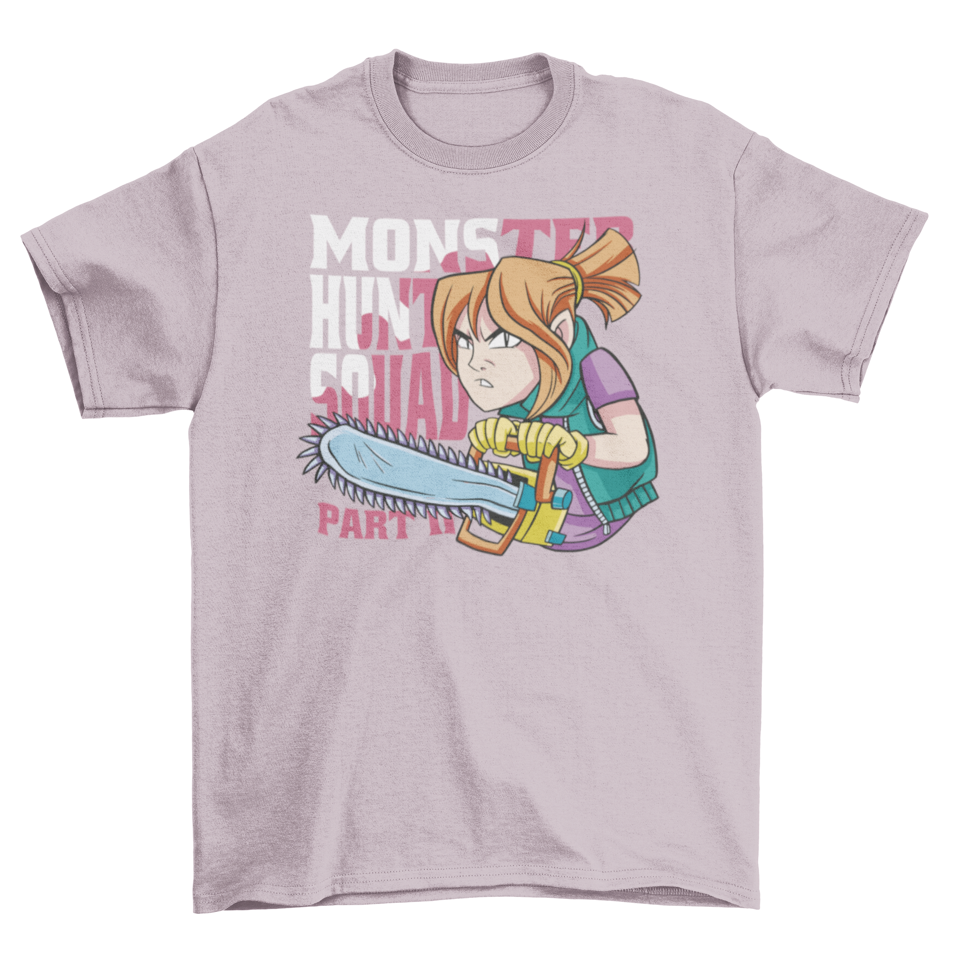 A vibrant cartoon-style t-shirt featuring a girl with a chainsaw and the quote 'Monster Hunt Squad.'