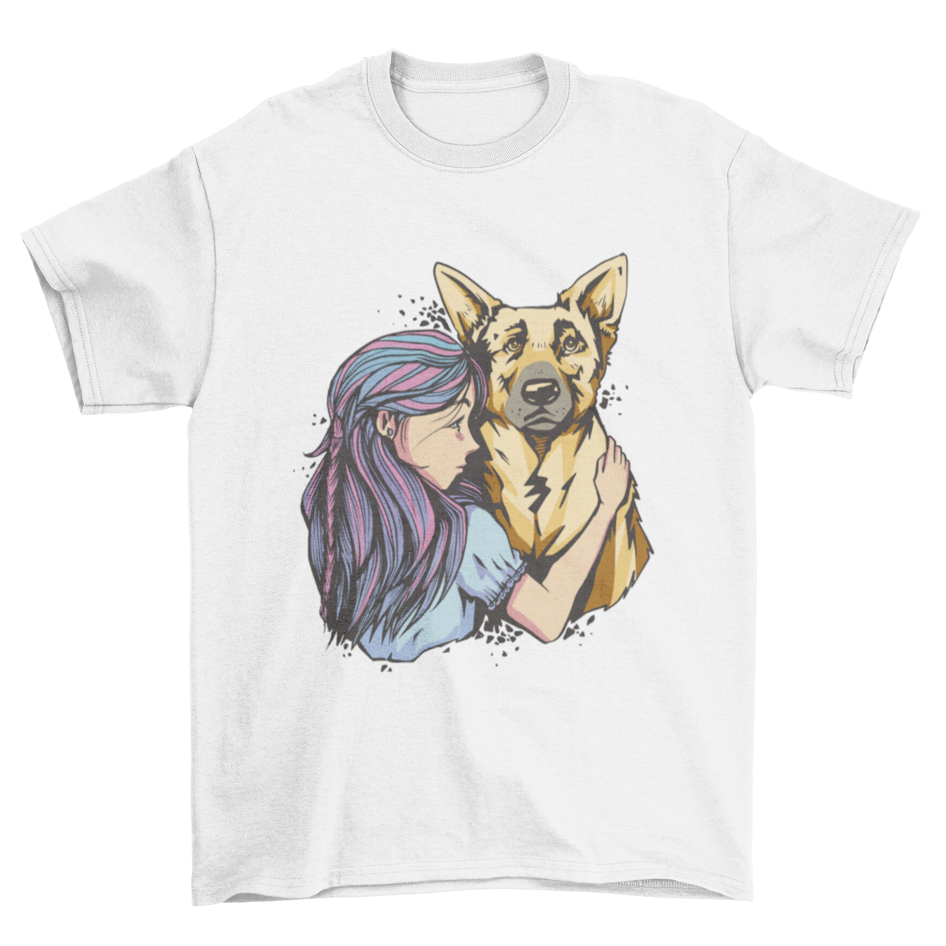 A girl joyfully hugging a German Shepherd dog on a stylish t-shirt.