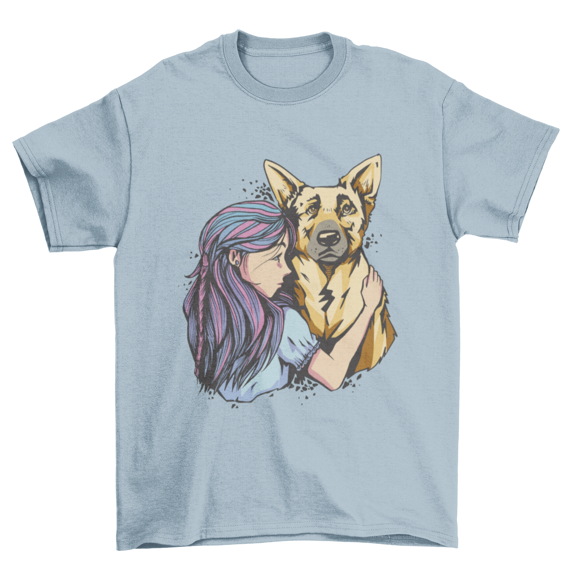 A girl joyfully hugging a German Shepherd dog on a stylish t-shirt.