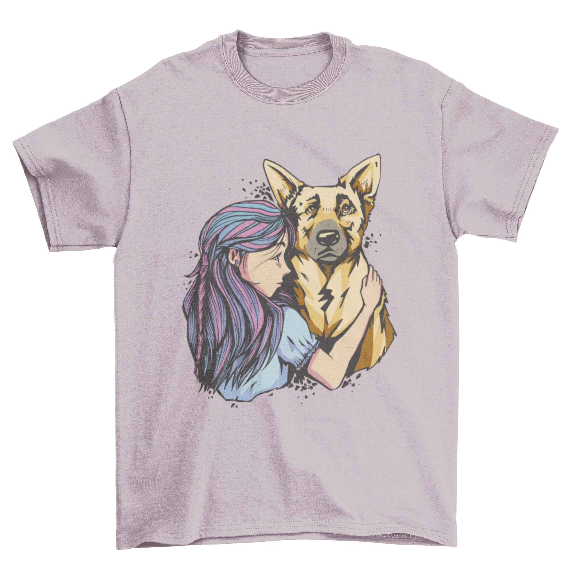 A girl joyfully hugging a German Shepherd dog on a stylish t-shirt.
