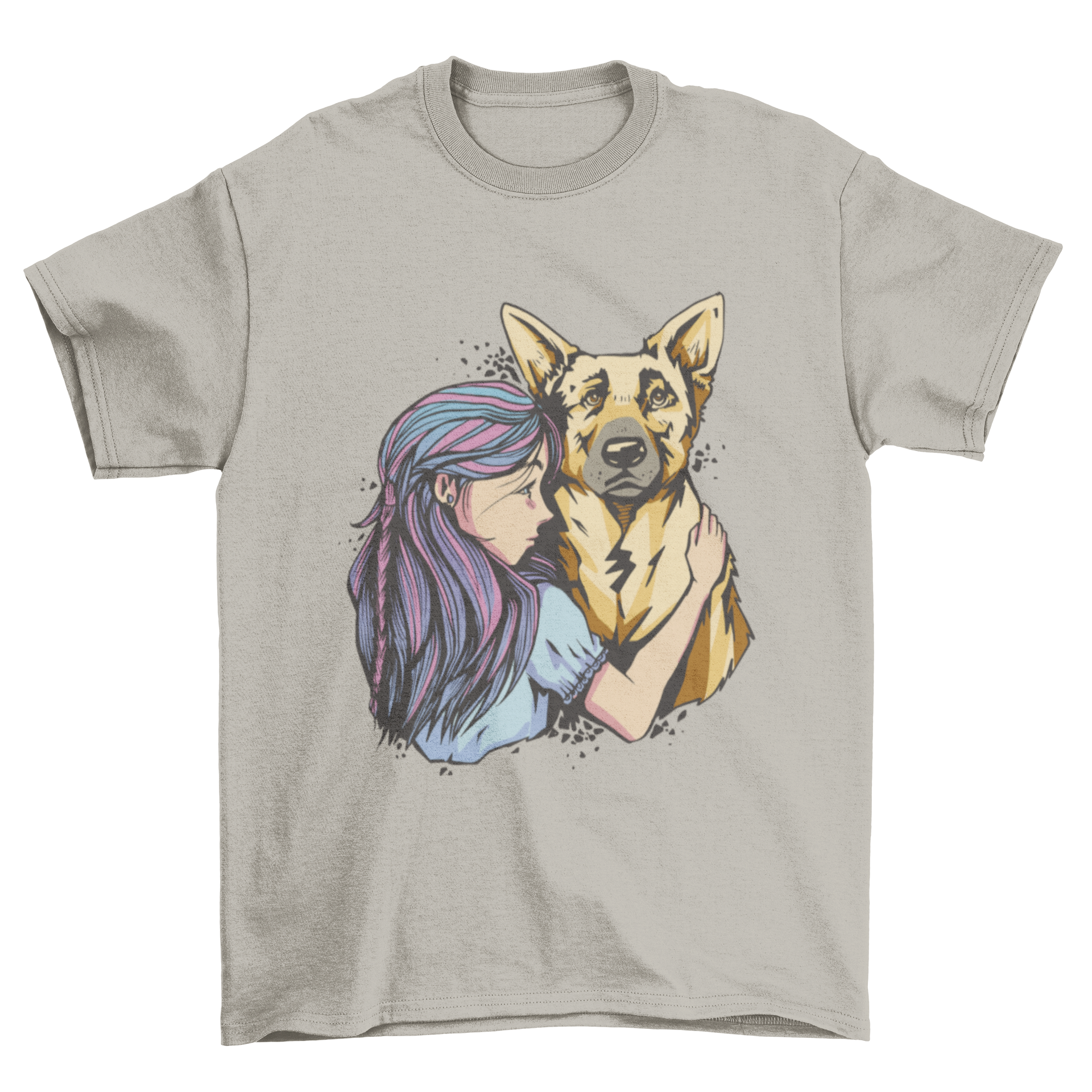 A girl joyfully hugging a German Shepherd dog on a stylish t-shirt.