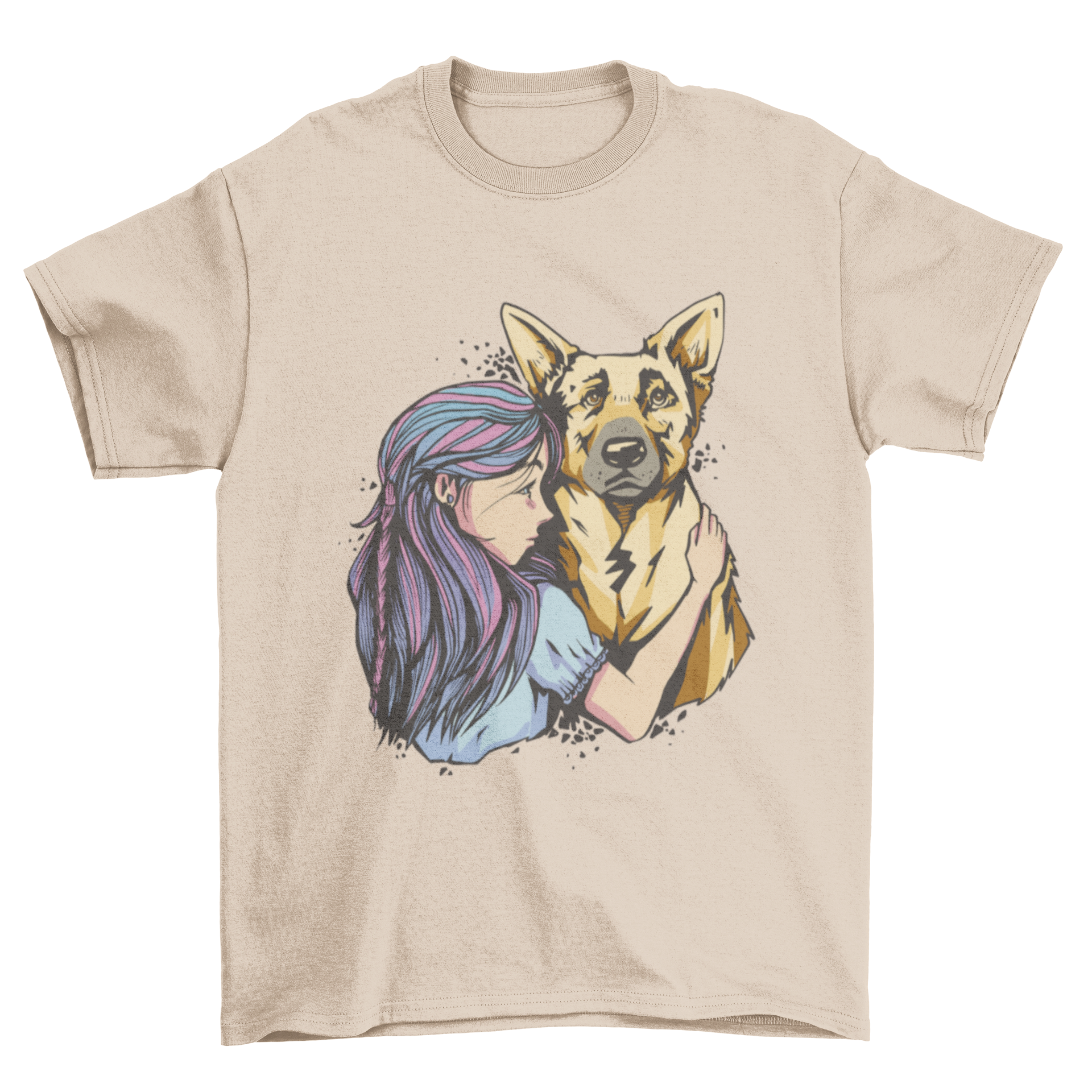 A girl joyfully hugging a German Shepherd dog on a stylish t-shirt.