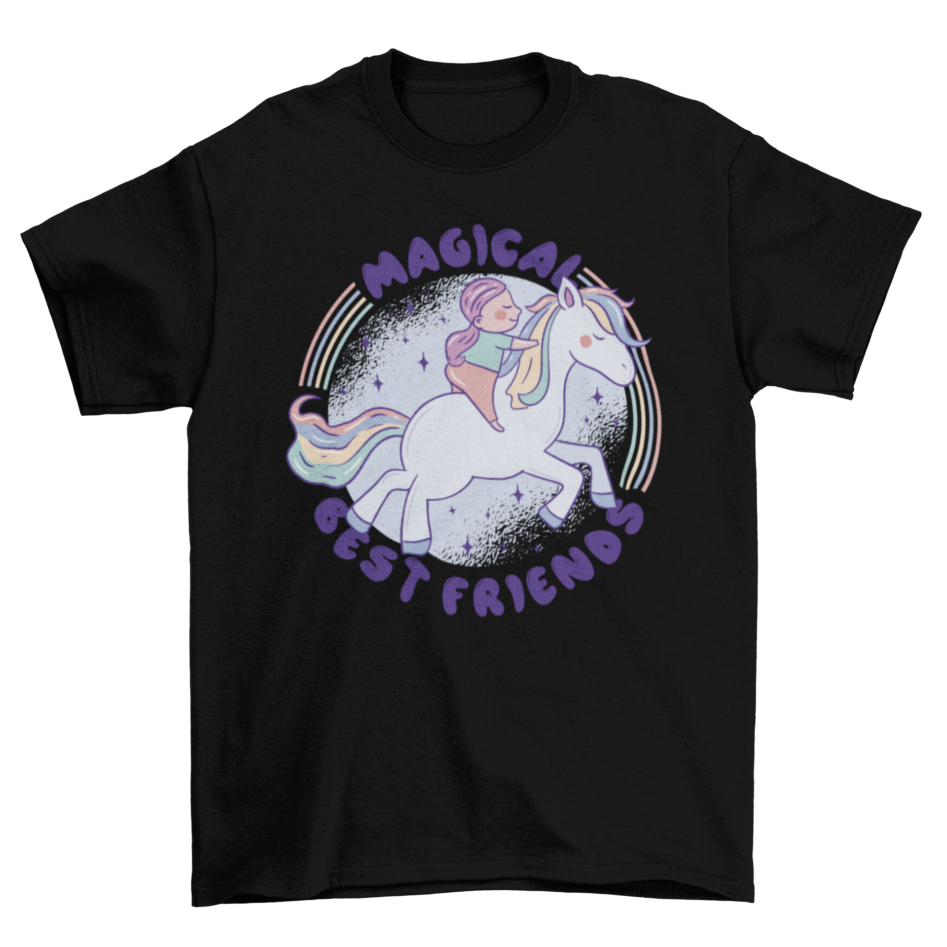 A colorful t-shirt featuring a girl riding a horse with rainbow hair and the quote 'Magical best friends'.