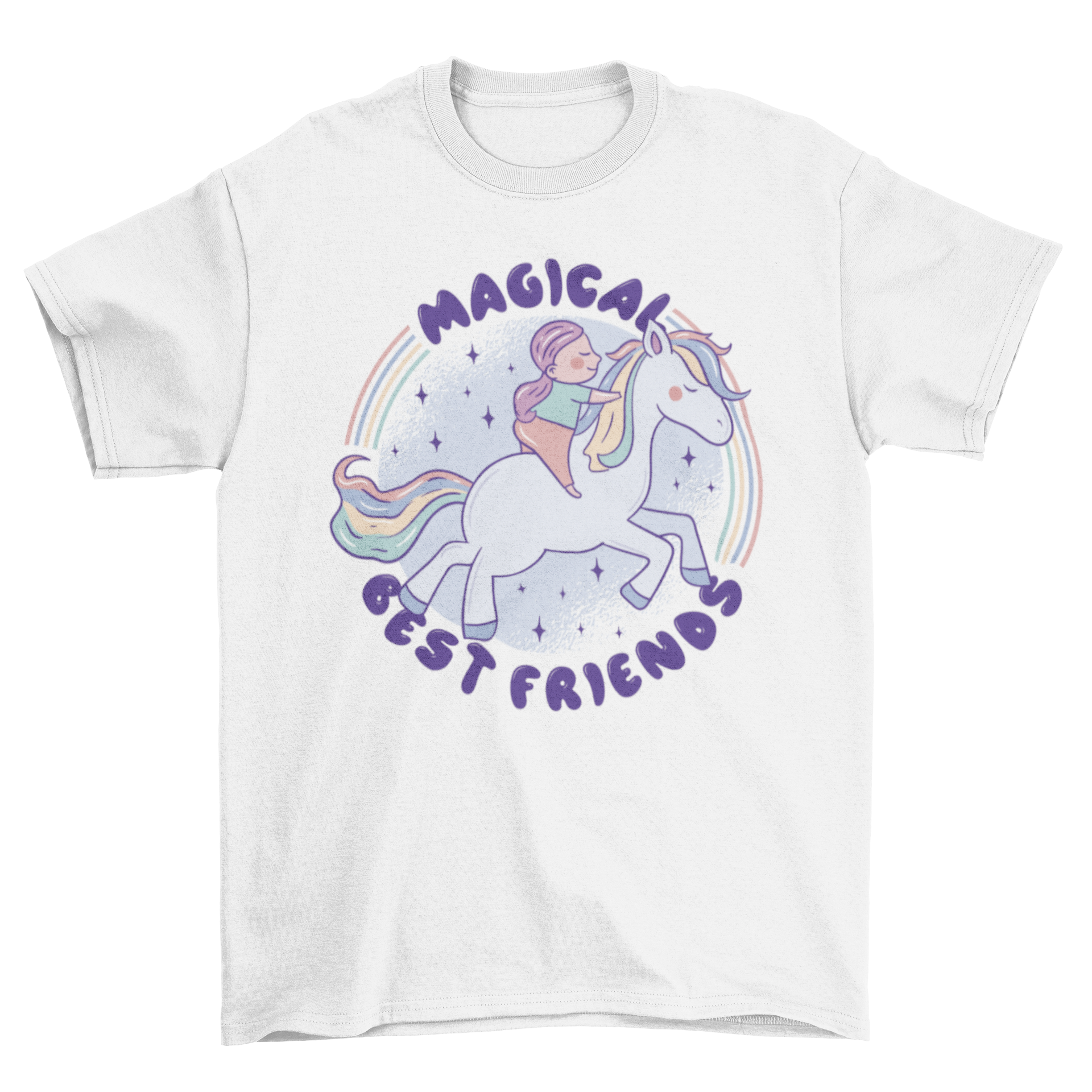 A colorful t-shirt featuring a girl riding a horse with rainbow hair and the quote 'Magical best friends'.