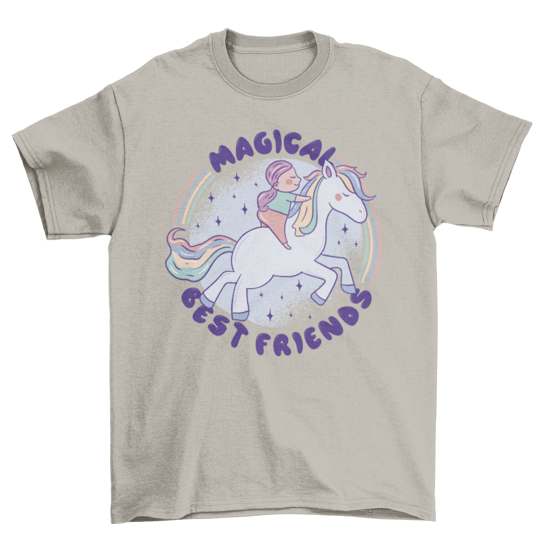 A colorful t-shirt featuring a girl riding a horse with rainbow hair and the quote 'Magical best friends'.