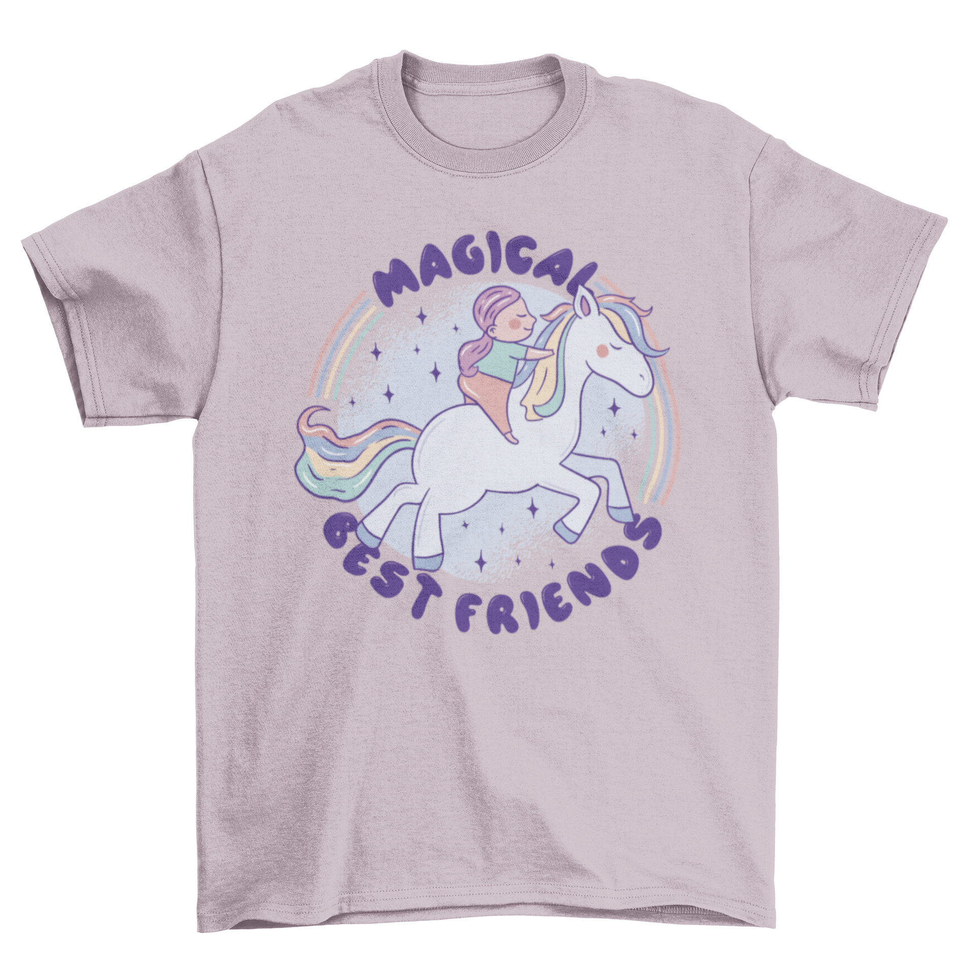 A colorful t-shirt featuring a girl riding a horse with rainbow hair and the quote 'Magical best friends'.