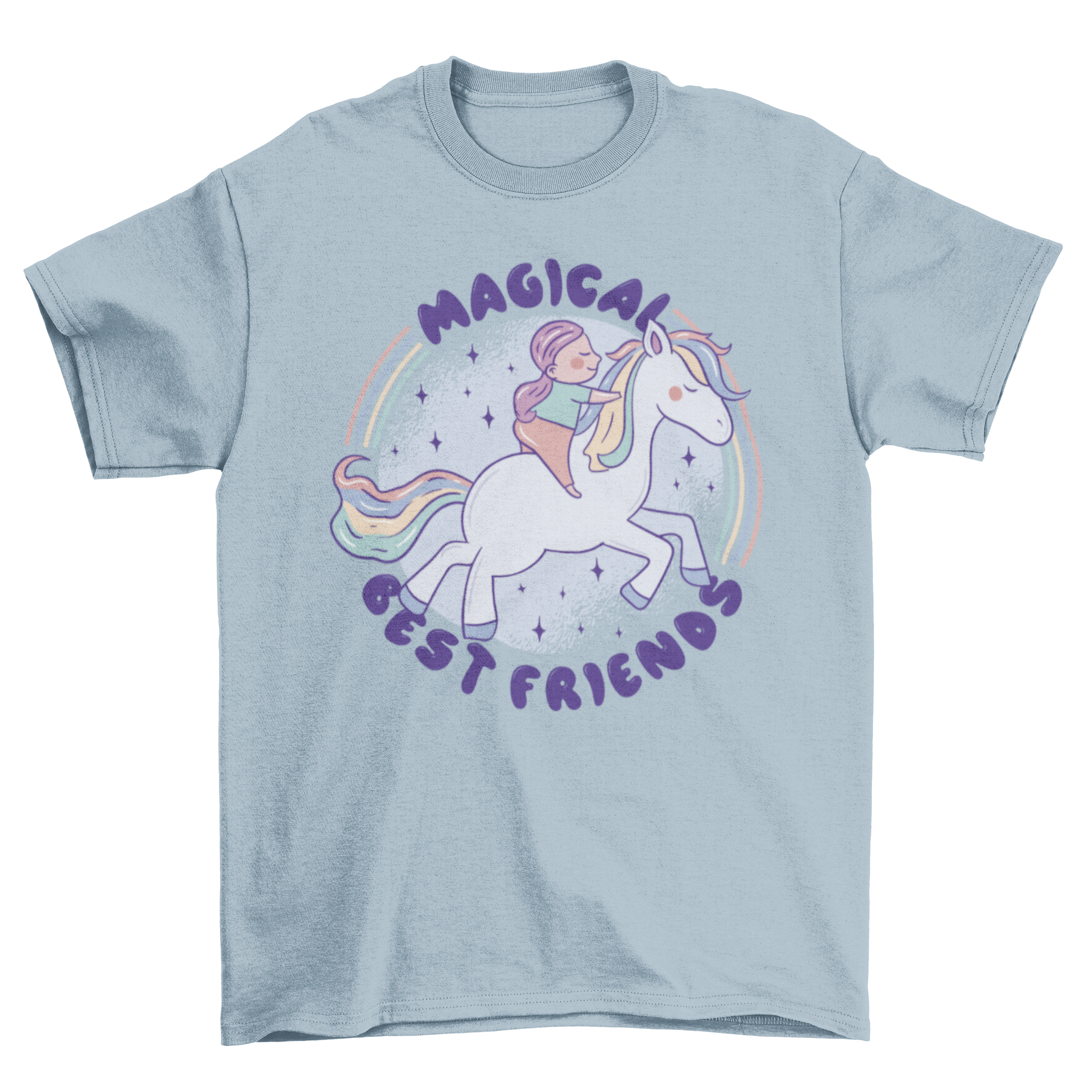 A colorful t-shirt featuring a girl riding a horse with rainbow hair and the quote 'Magical best friends'.