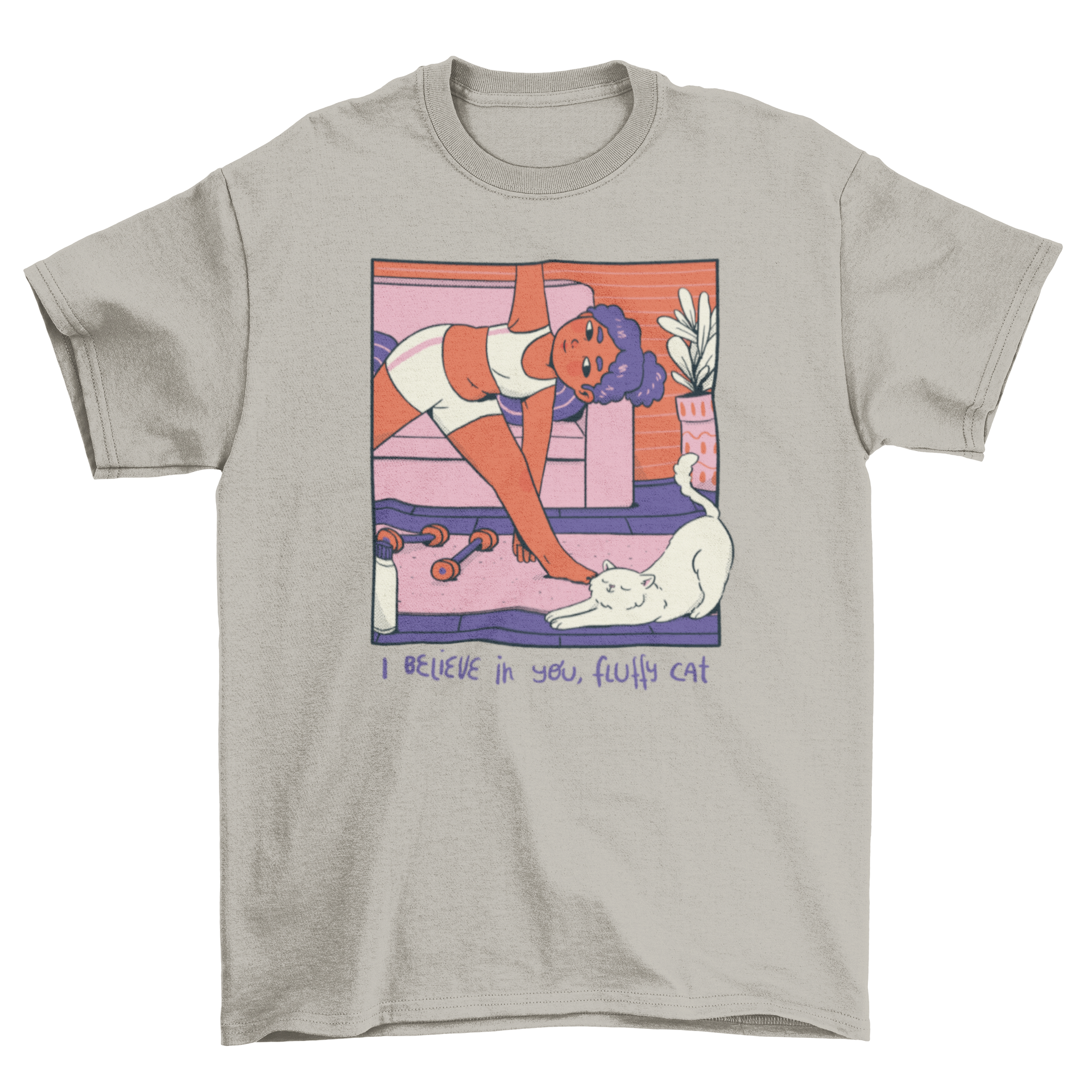 A cozy comic t-shirt featuring a girl doing yoga with a fluffy cat and an inspirational quote.