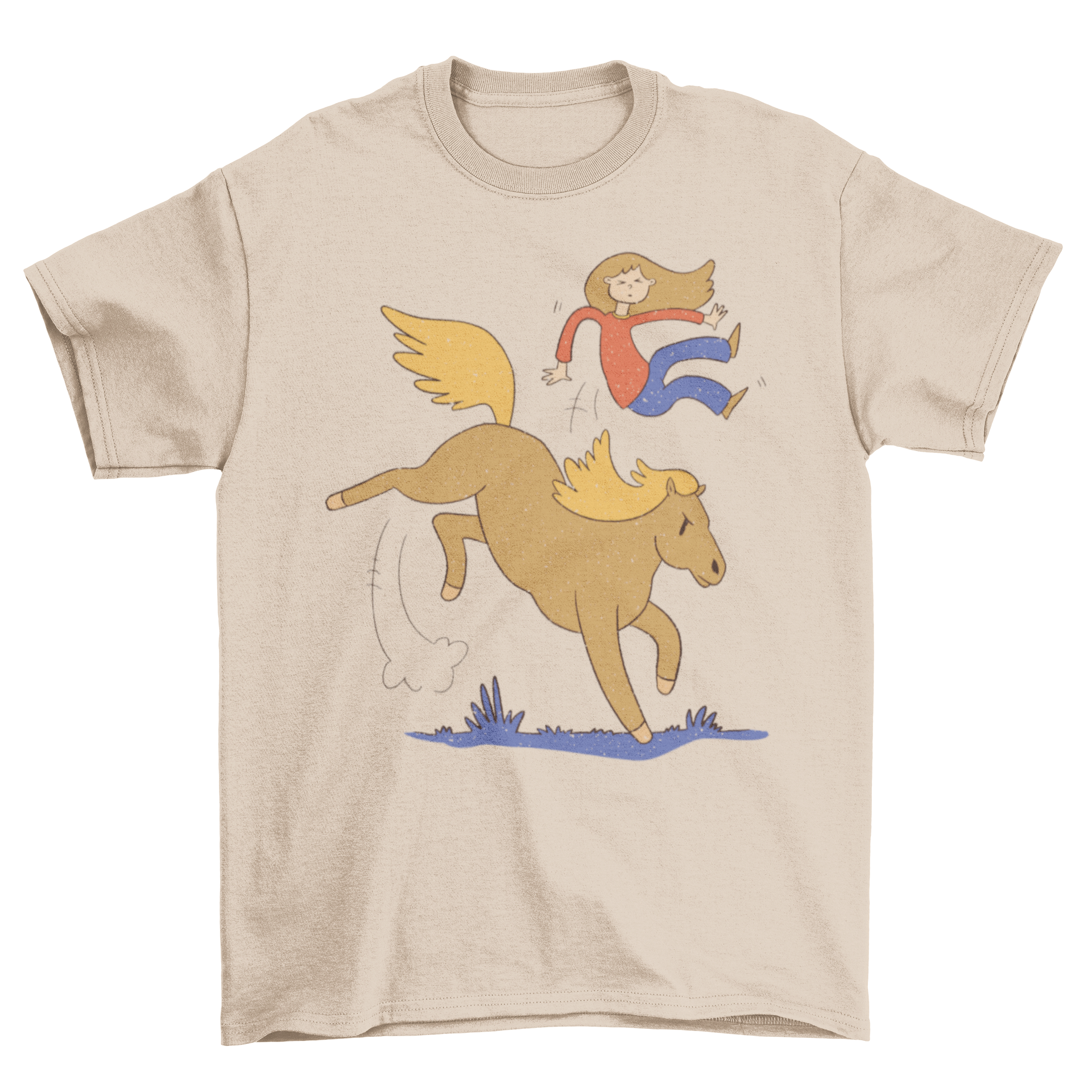 A humorous t-shirt featuring a girl falling from an angry horse, showcasing a playful and funny design.