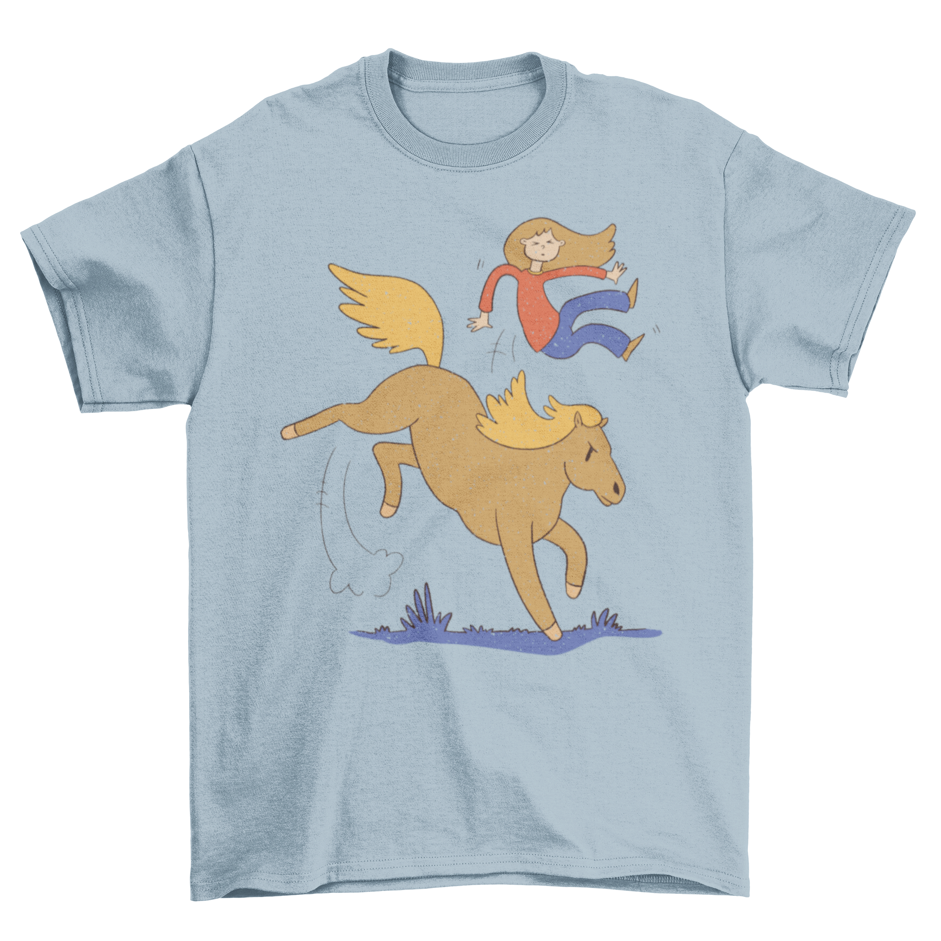 A humorous t-shirt featuring a girl falling from an angry horse, showcasing a playful and funny design.