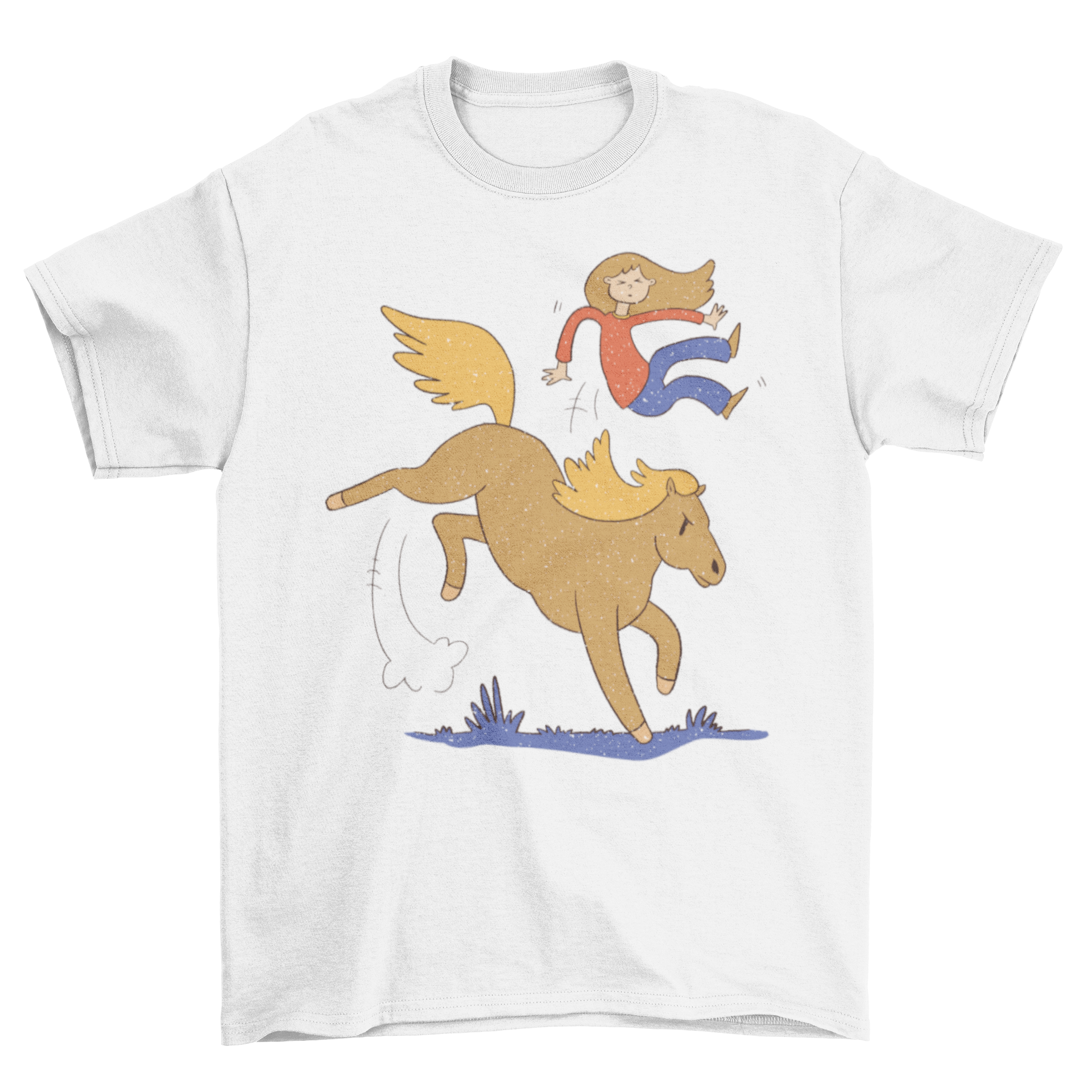 A humorous t-shirt featuring a girl falling from an angry horse, showcasing a playful and funny design.