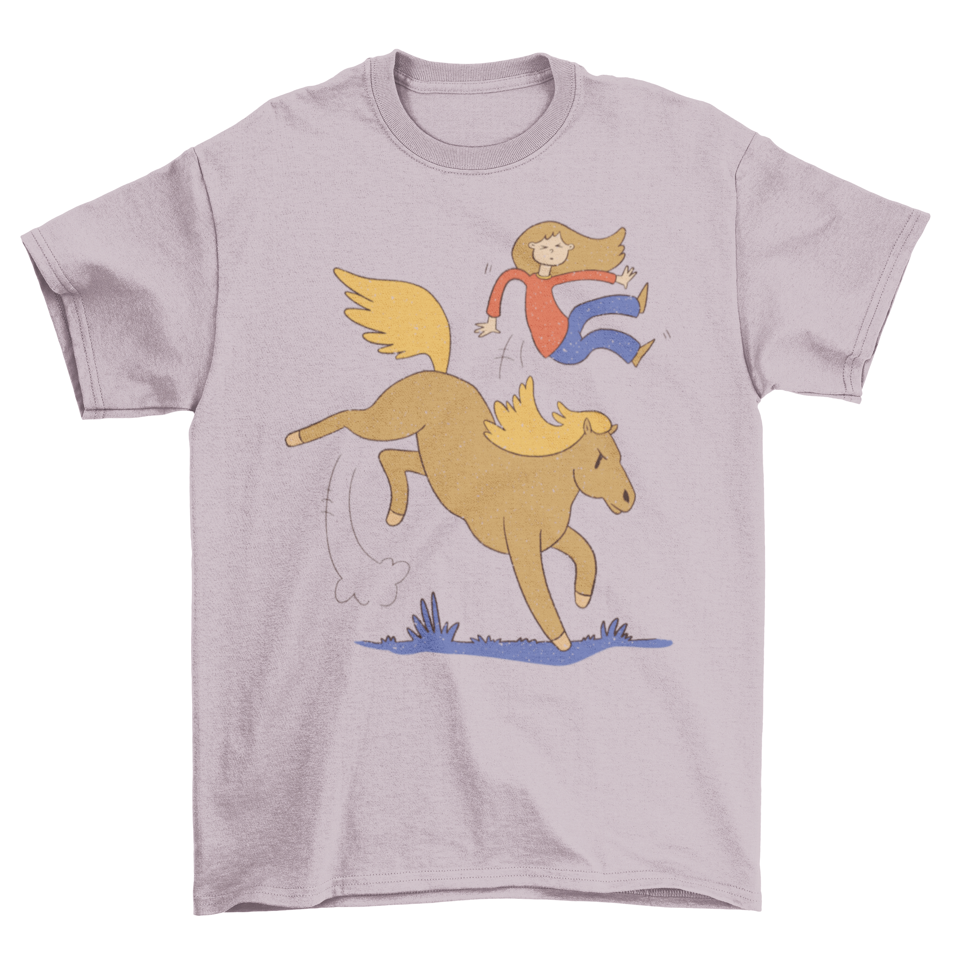 A humorous t-shirt featuring a girl falling from an angry horse, showcasing a playful and funny design.