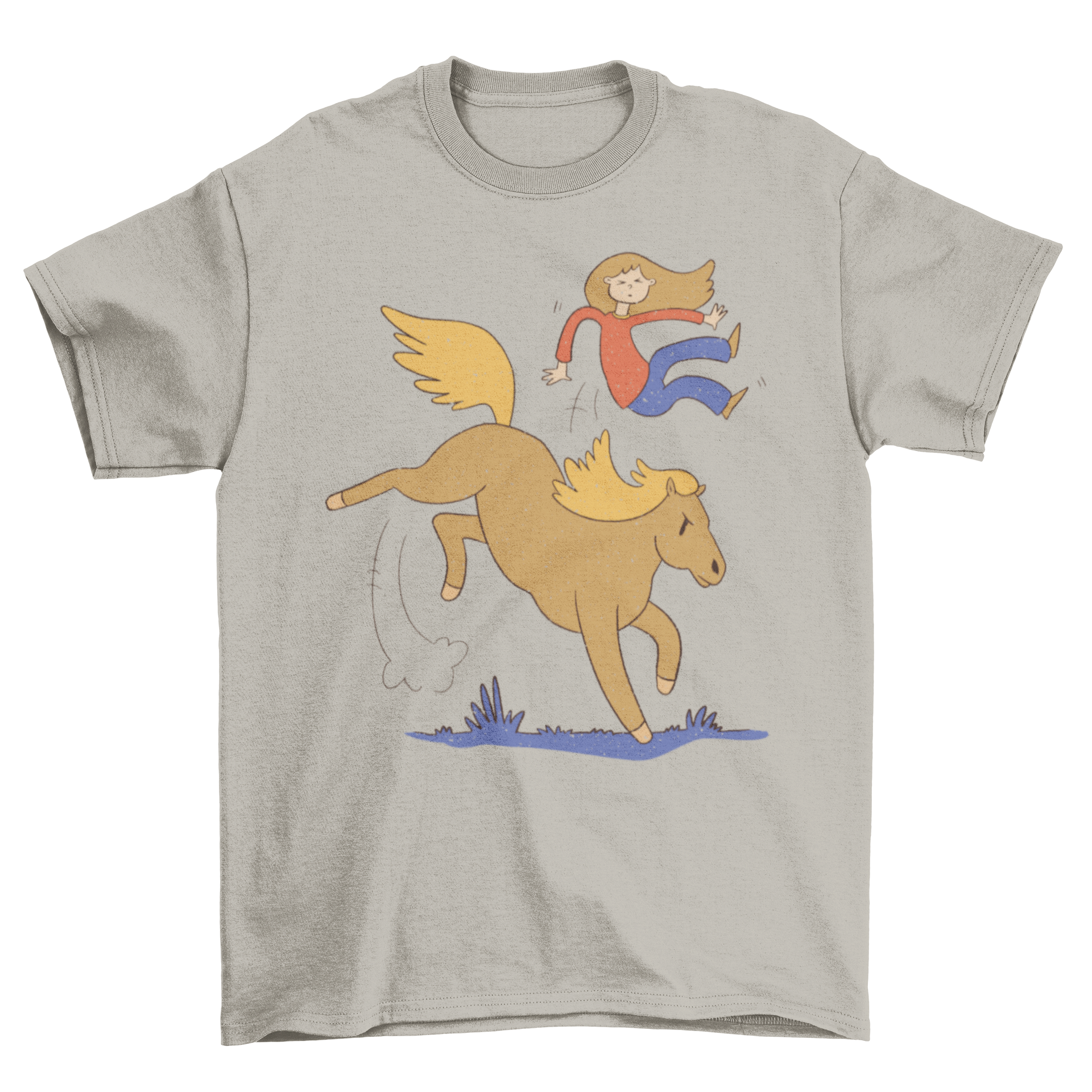 A humorous t-shirt featuring a girl falling from an angry horse, showcasing a playful and funny design.
