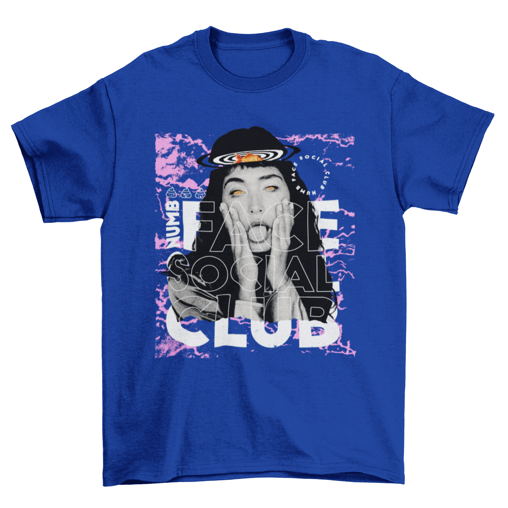 Stylish t-shirt featuring a girl's face collage with the quote 'Numb Face Social Club'.