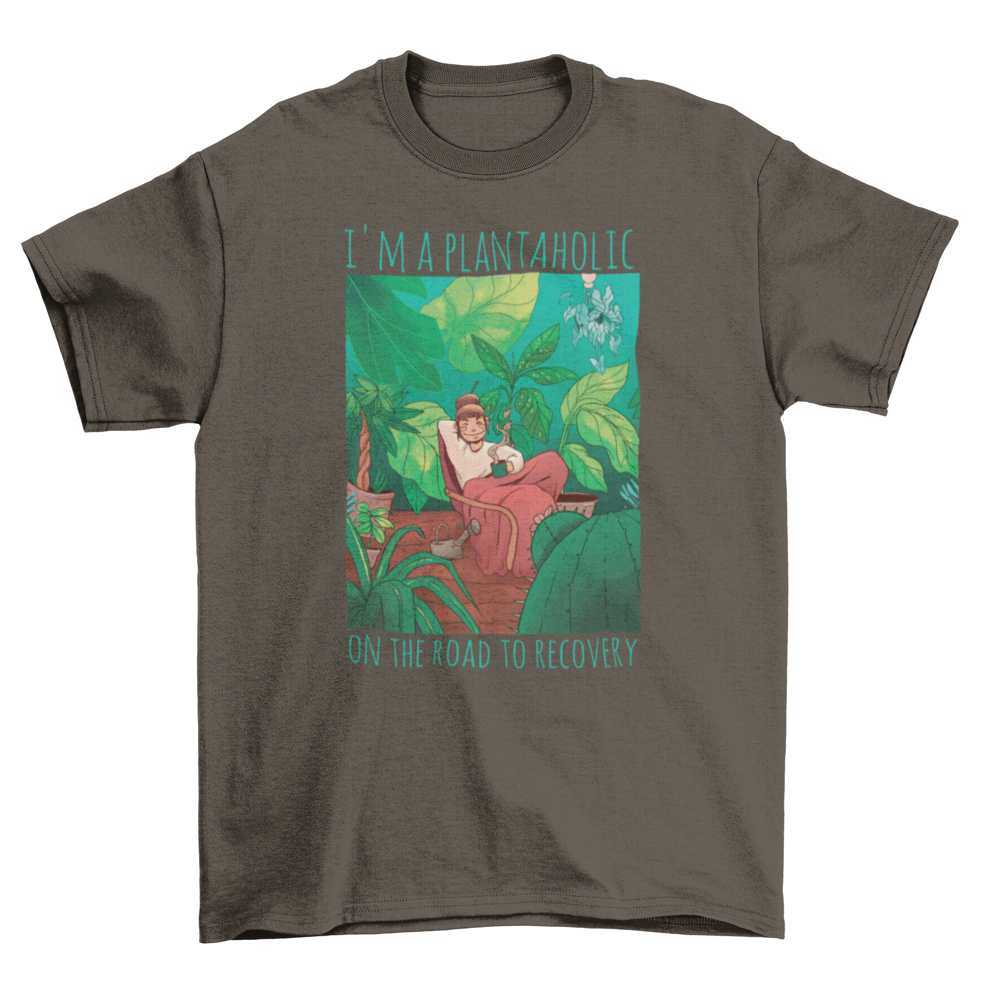 A humorous t-shirt featuring a girl surrounded by plants with the quote 'I'm a plantaholic on the road to recovery'.