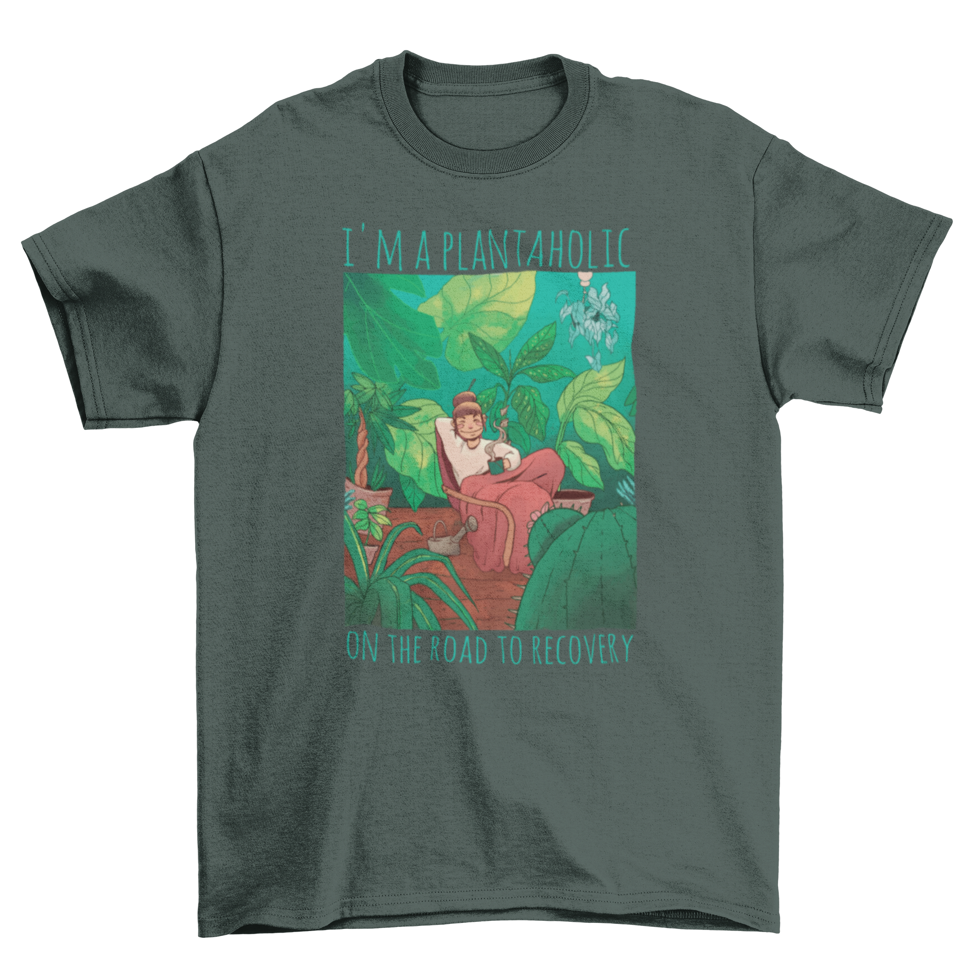 A humorous t-shirt featuring a girl surrounded by plants with the quote 'I'm a plantaholic on the road to recovery'.