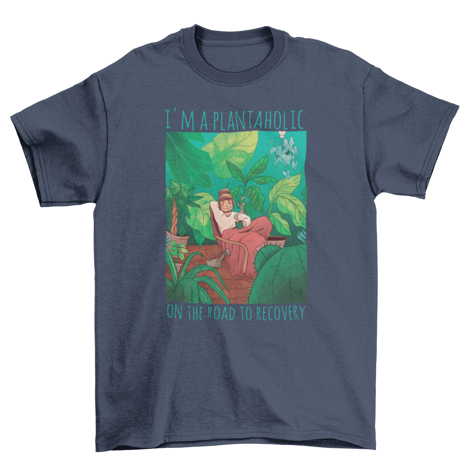 A humorous t-shirt featuring a girl surrounded by plants with the quote 'I'm a plantaholic on the road to recovery'.