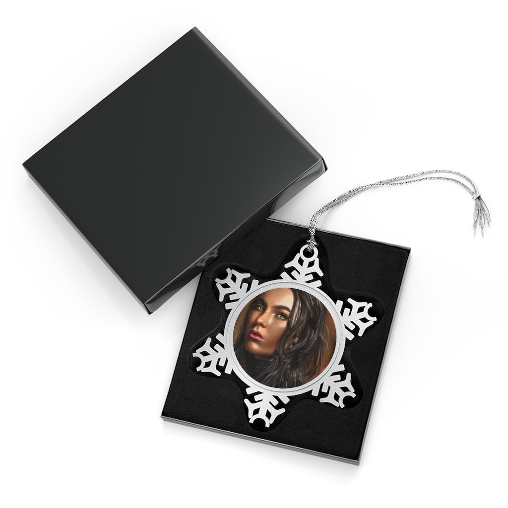 A beautifully crafted Girl Pewter Snowflake Ornament featuring intricate snowflake design and a silver-toned hanging string.