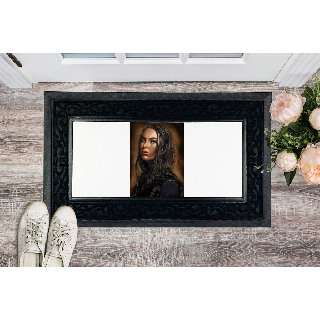 A stylish Girl Sublimation Heavy Duty Door Mat featuring a removable printable fabric center and a non-slip rubber base, perfect for personalizing your entryway.