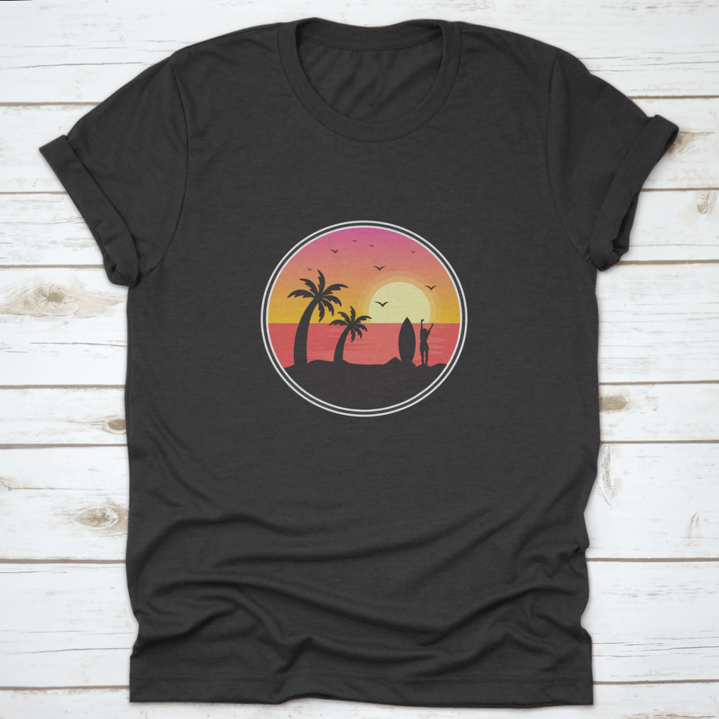 A girl surfer enjoying a sunset view on a Florida beach, surrounded by palm trees and birds, depicted on a stylish t-shirt.