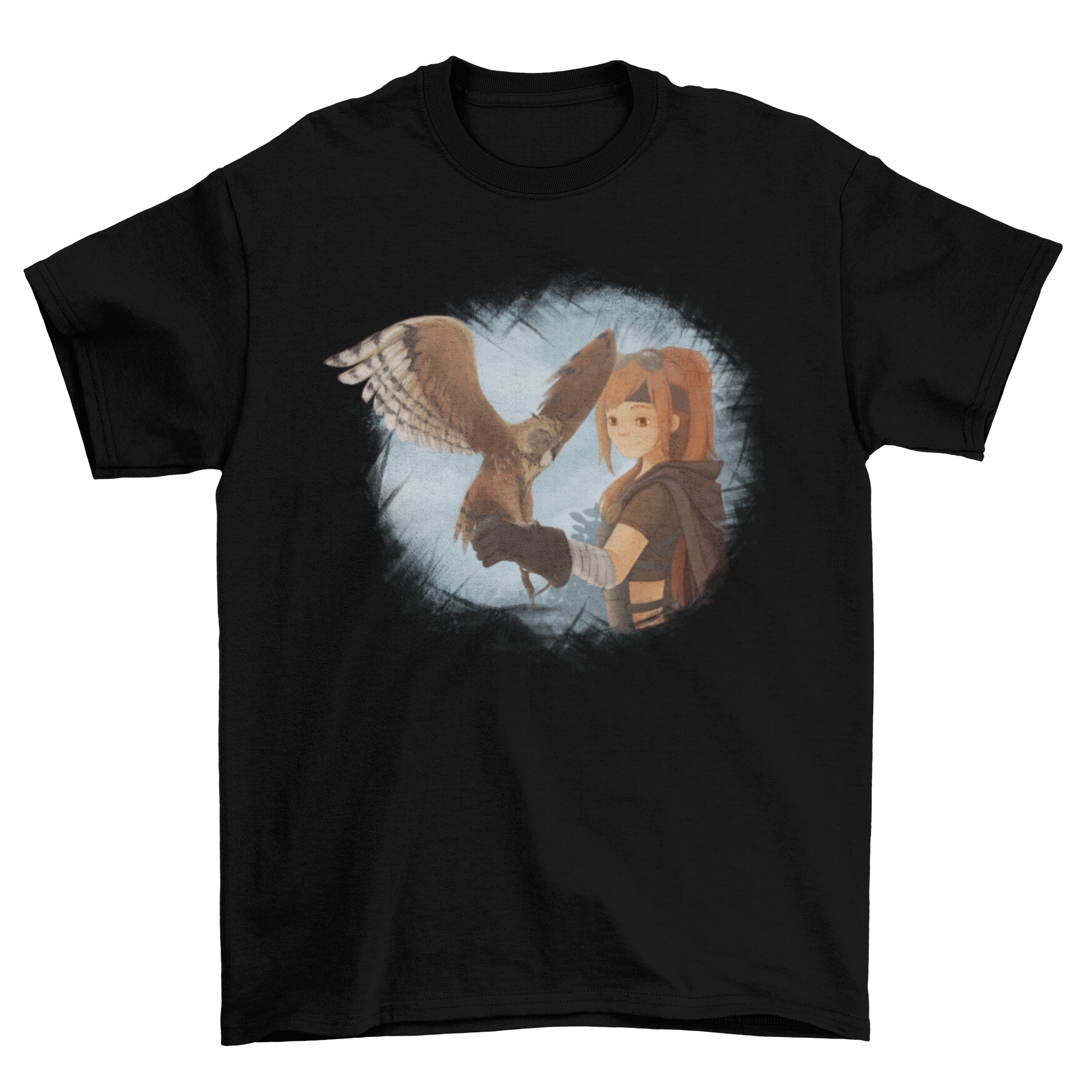 A stylish t-shirt featuring a girl training an owl, showcasing a unique and artistic design.