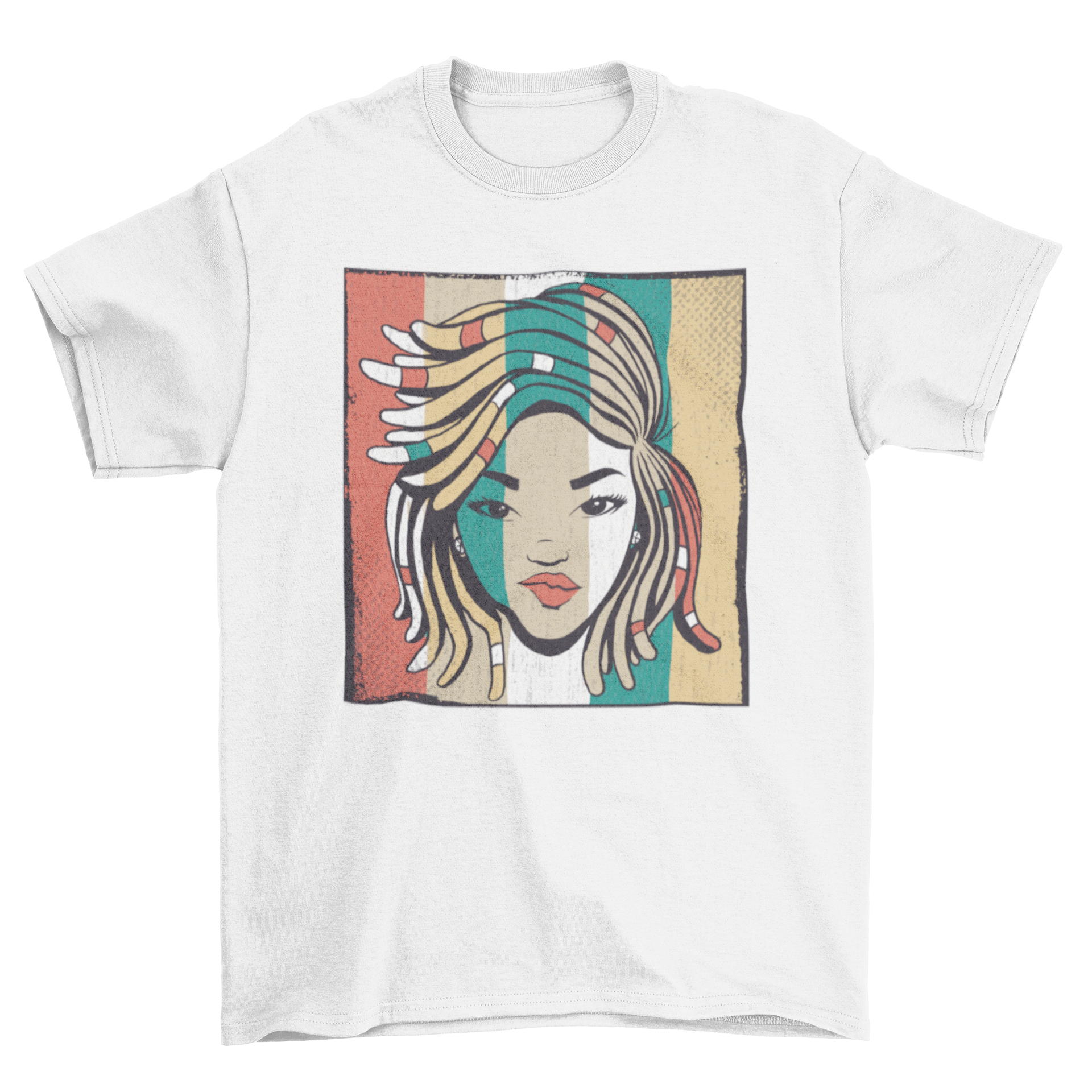 Colorful t-shirt featuring a girl with short dreadlocks and vibrant stripes.