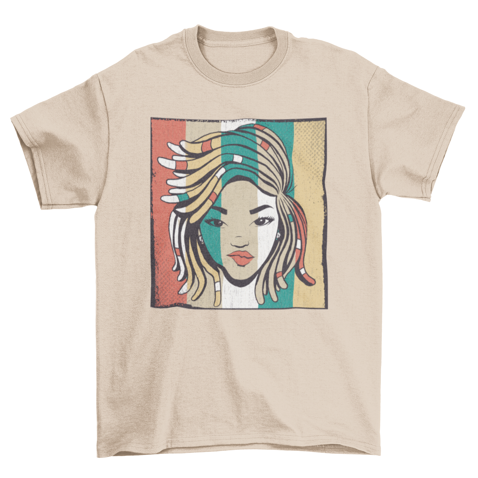 Colorful t-shirt featuring a girl with short dreadlocks and vibrant stripes.