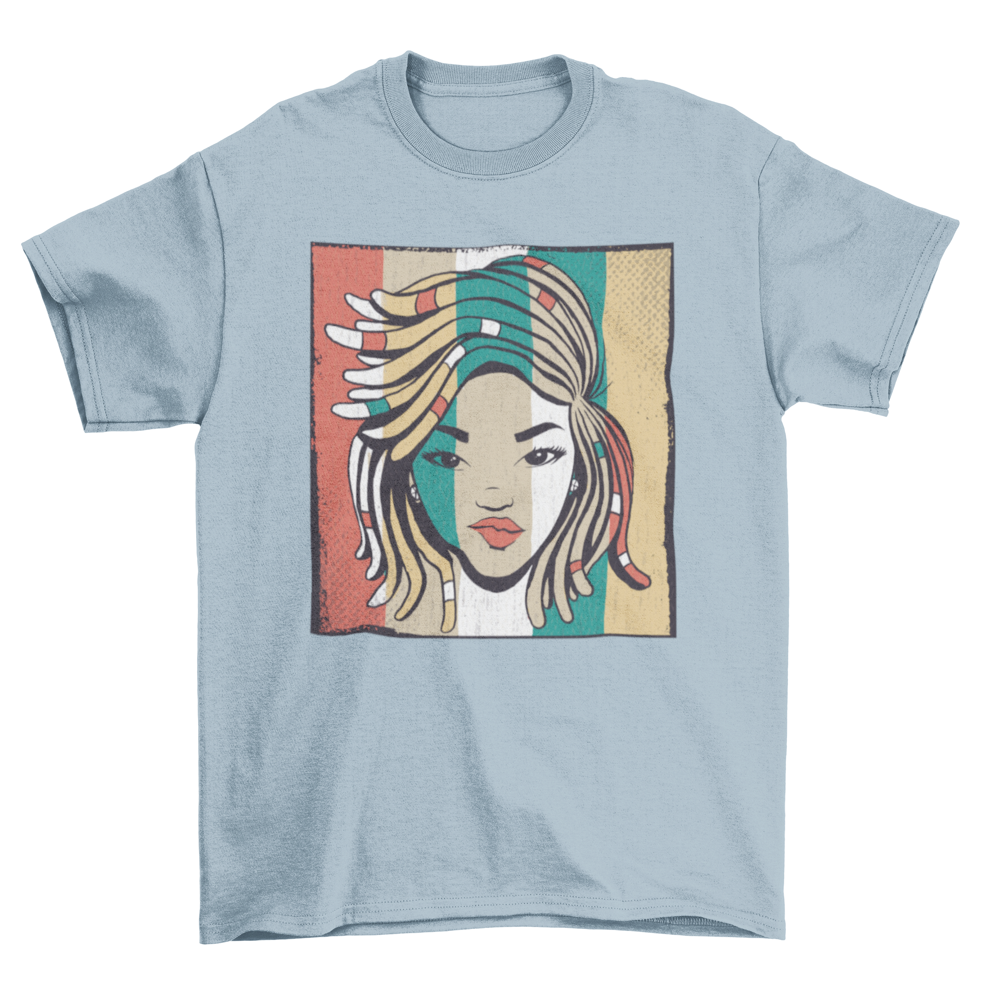 Colorful t-shirt featuring a girl with short dreadlocks and vibrant stripes.