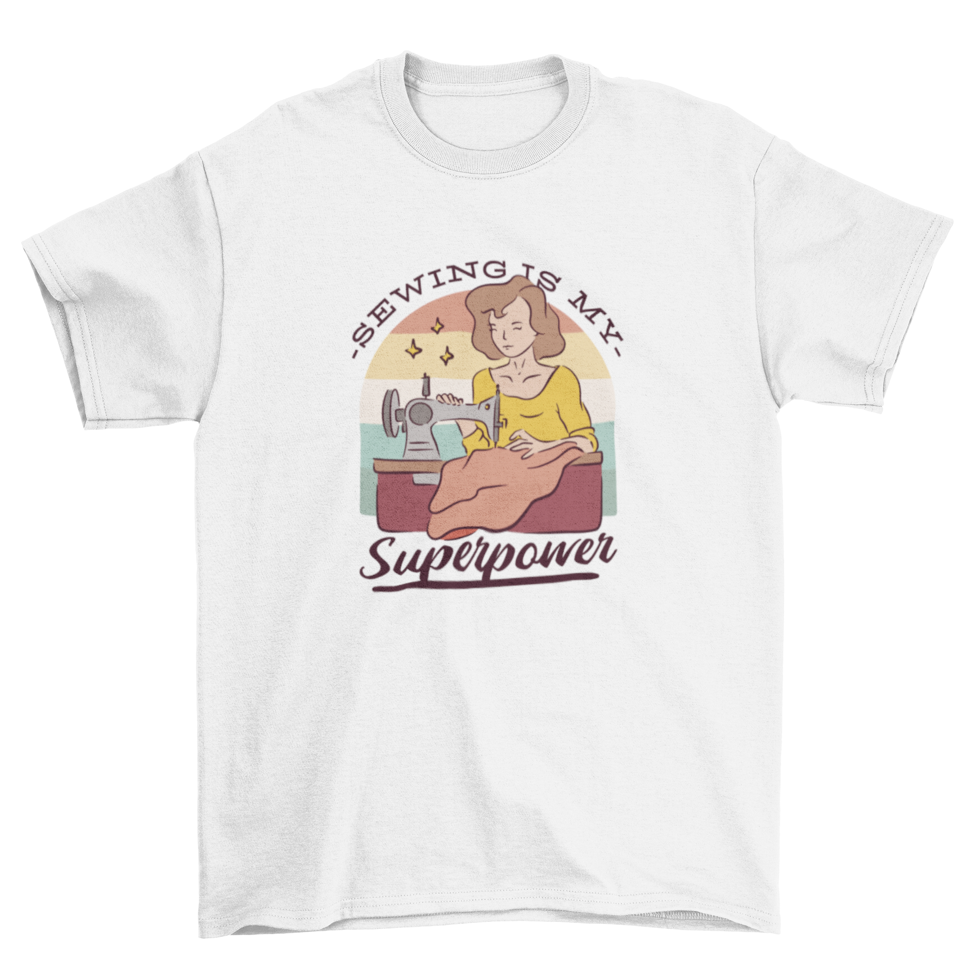 A stylish t-shirt featuring a woman with a sewing machine and the quote 'Sewing is my superpower', perfect for sewing enthusiasts.