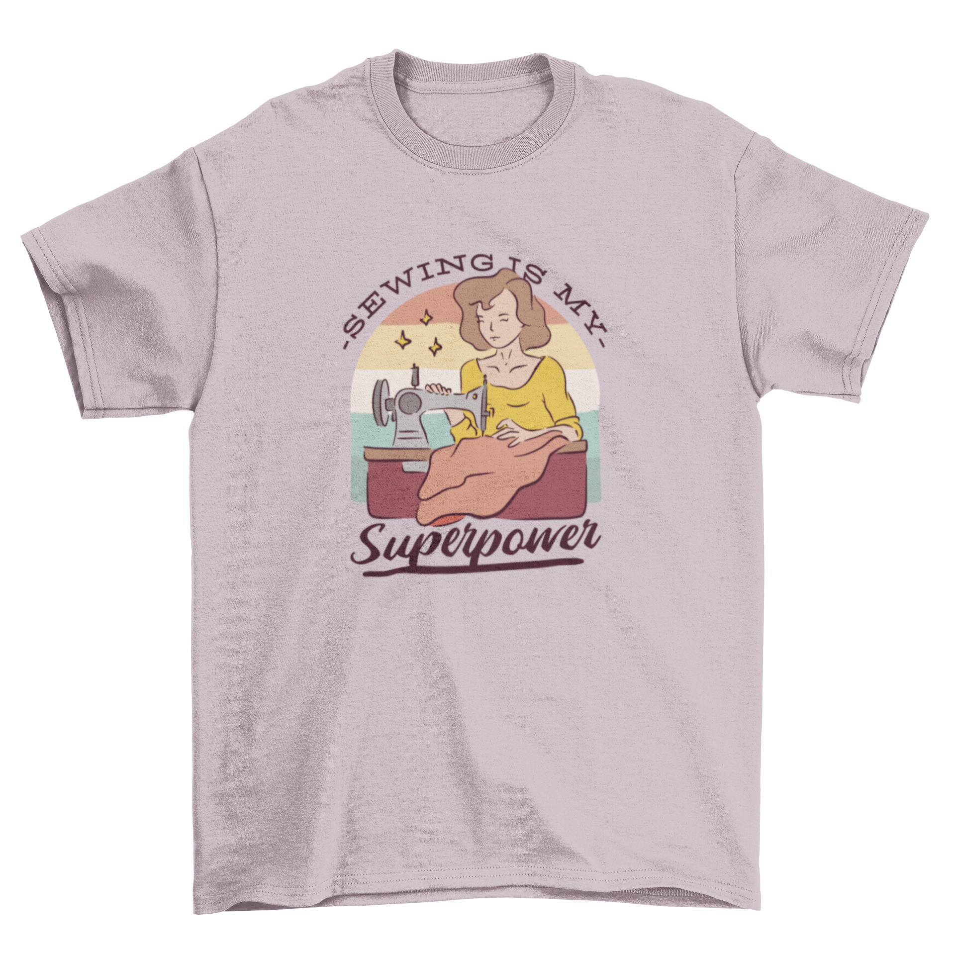A stylish t-shirt featuring a woman with a sewing machine and the quote 'Sewing is my superpower', perfect for sewing enthusiasts.