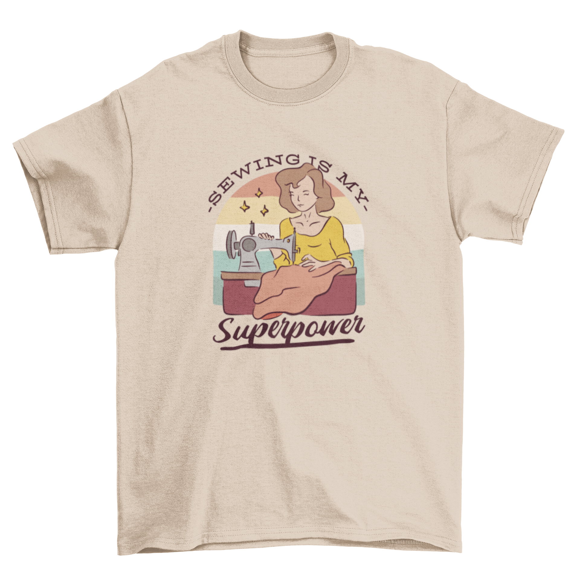 A stylish t-shirt featuring a woman with a sewing machine and the quote 'Sewing is my superpower', perfect for sewing enthusiasts.
