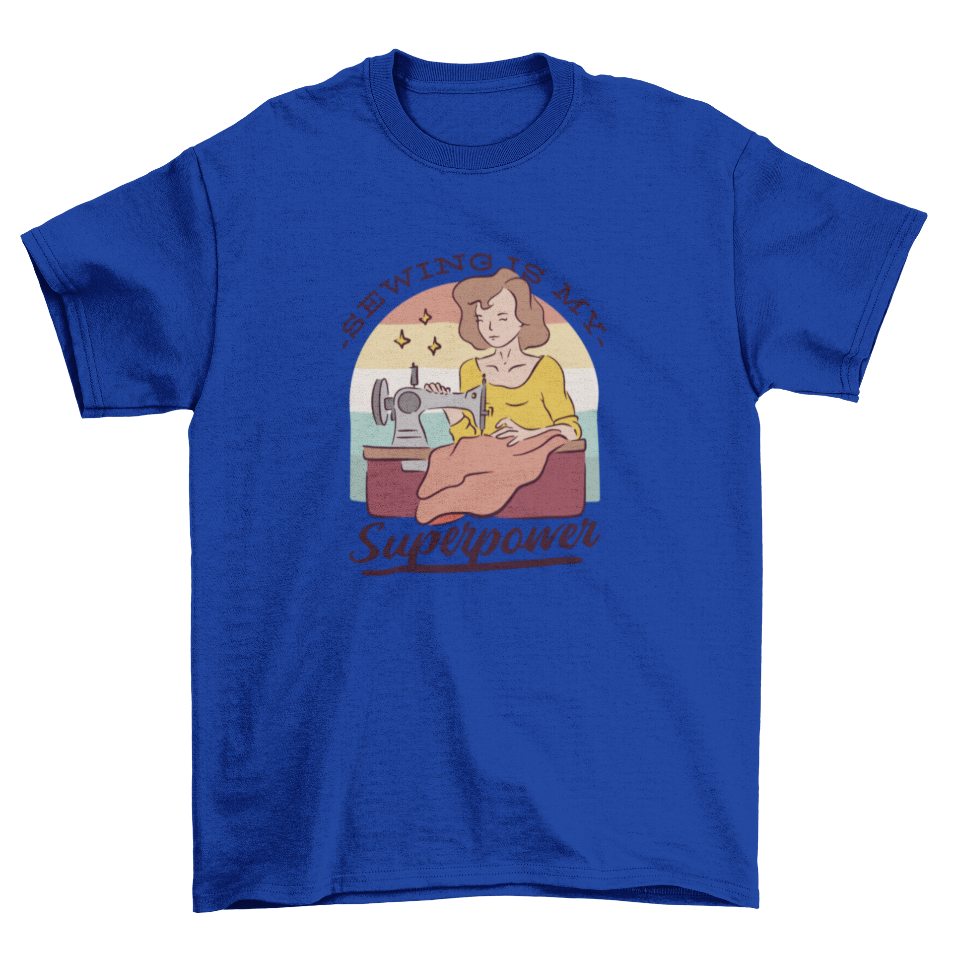 A stylish t-shirt featuring a woman with a sewing machine and the quote 'Sewing is my superpower', perfect for sewing enthusiasts.