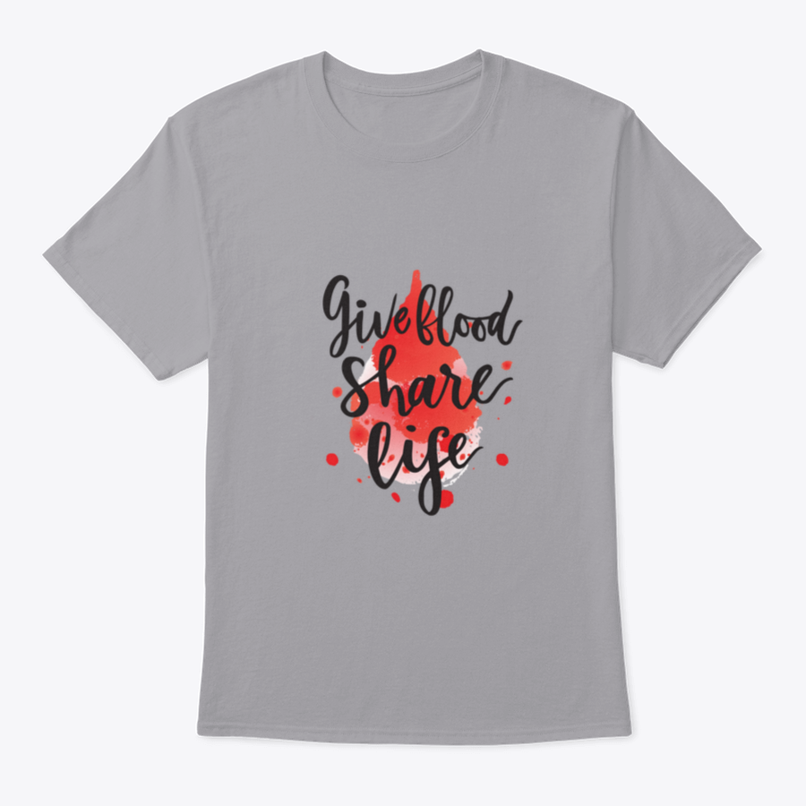 A stylish t-shirt featuring a watercolor drop design with the phrase 'Give Blood Share Life', made from 100% cotton for comfort.